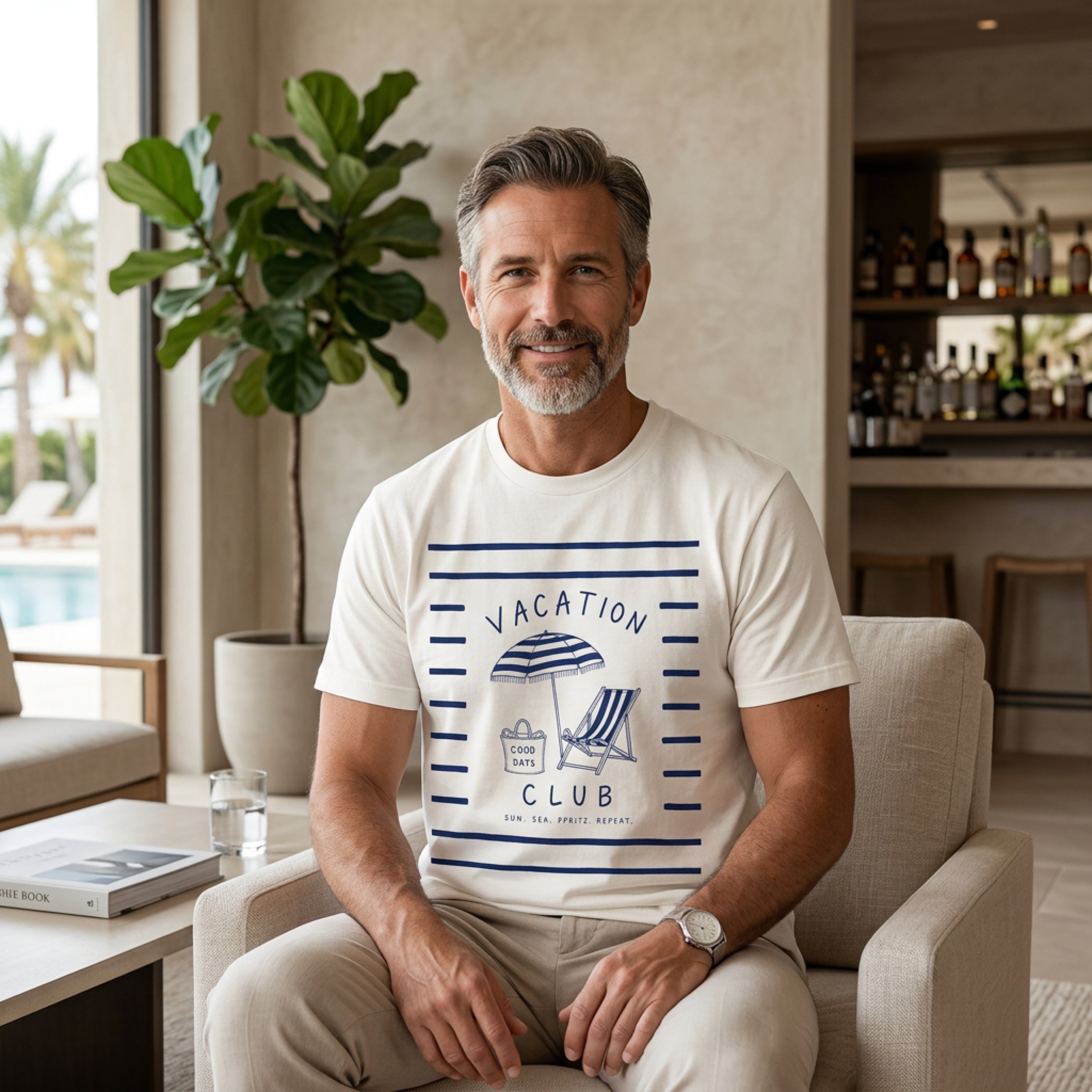 Man in white t-shirt with beach scene graphic, sitting indoors.