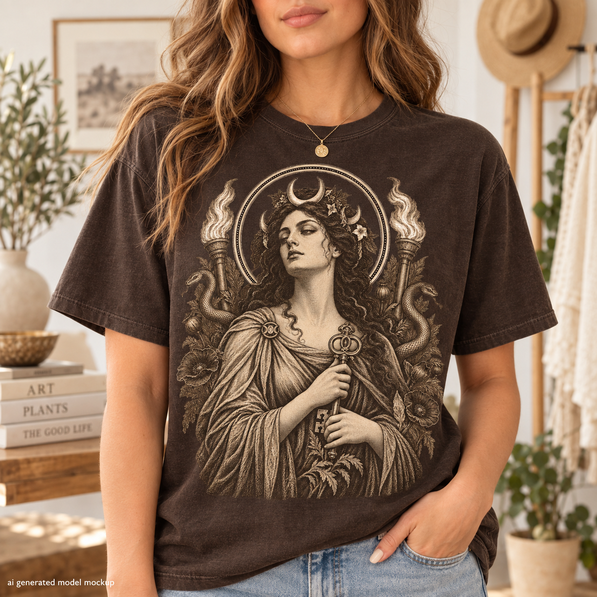 Dark t-shirt with graphic of a woman holding a key, surrounded by flames and serpents.