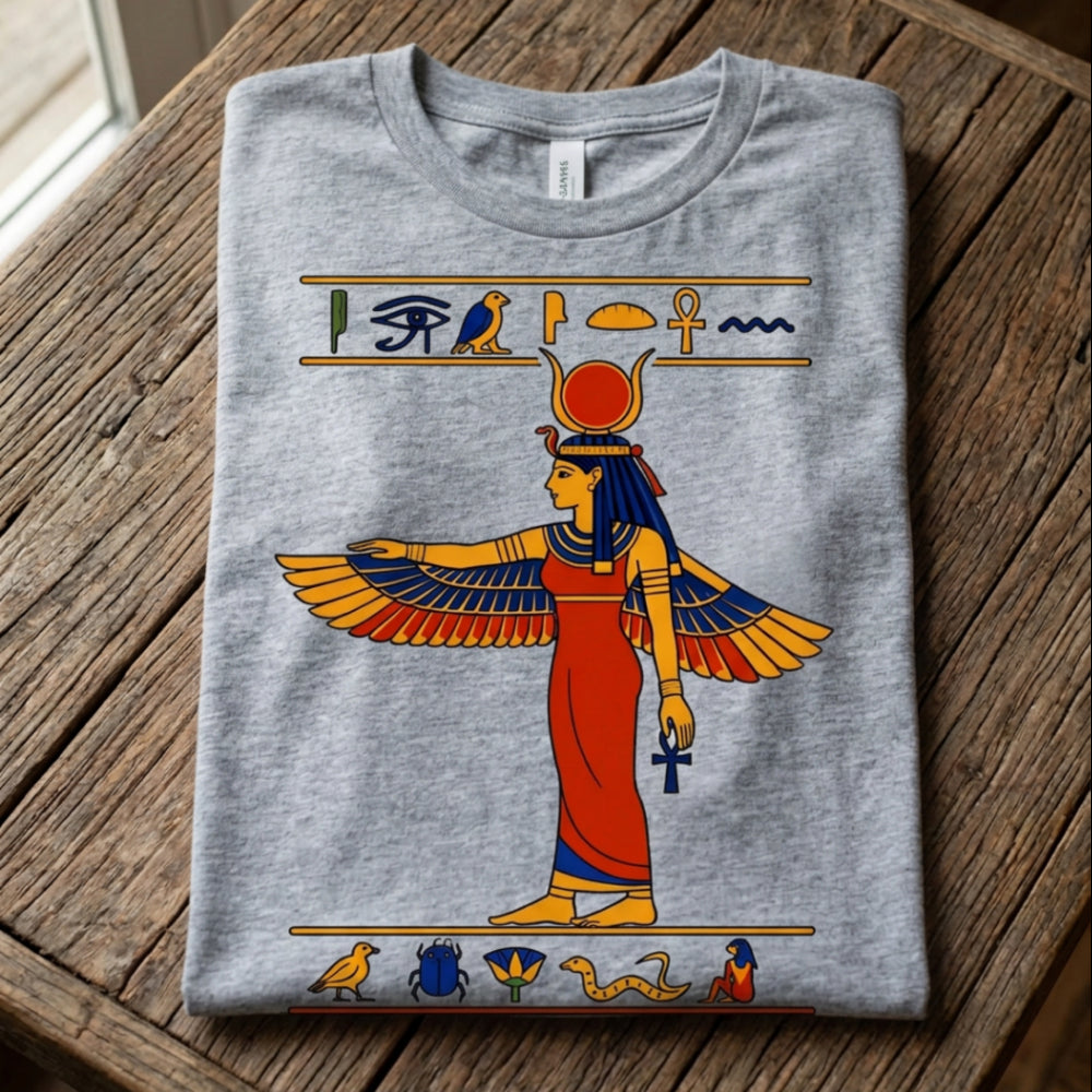 T-shirt featuring Egyptian goddess Isis with outstretched wings and hieroglyphics.