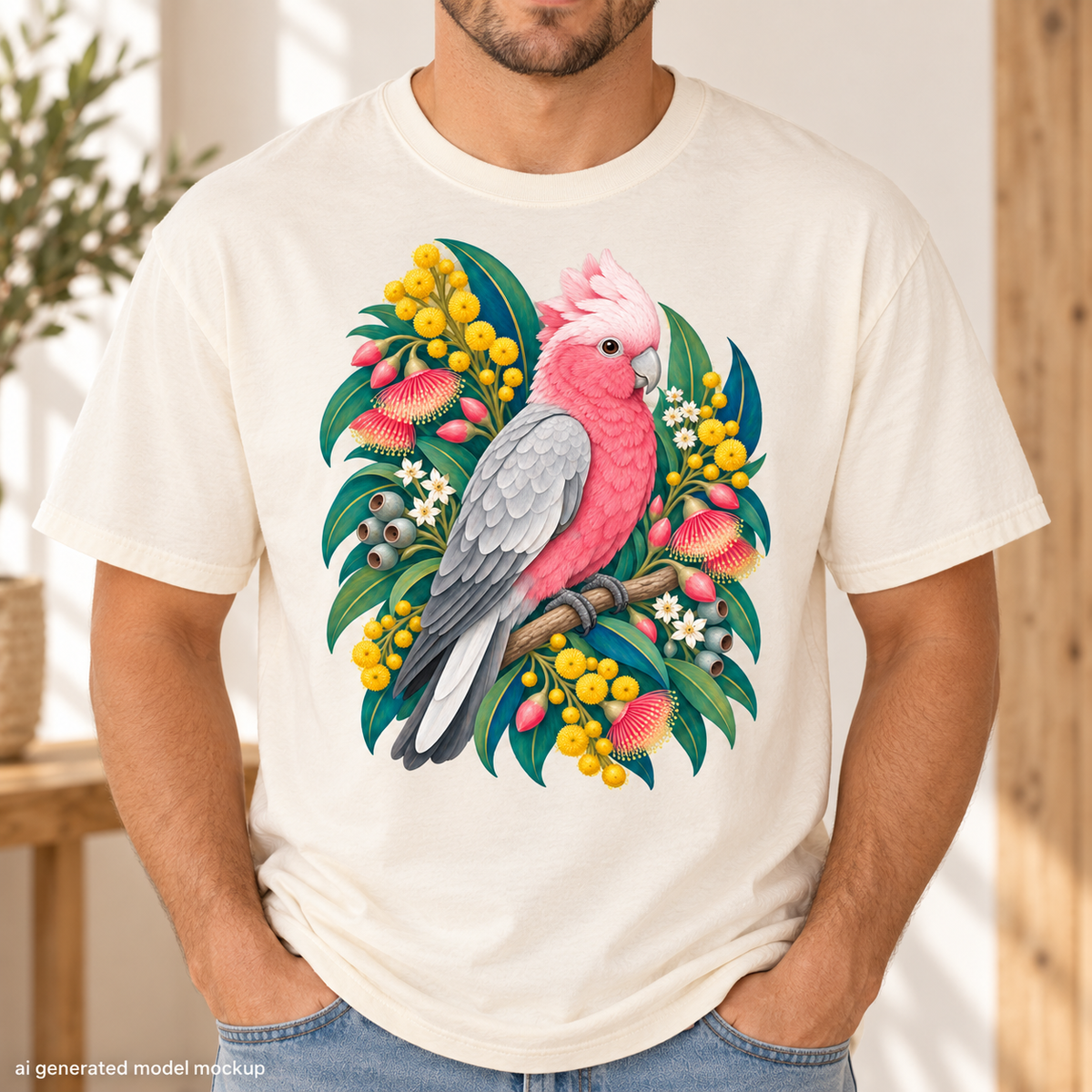 Pink and gray cockatoo perched on a branch surrounded by tropical flowers and leaves.