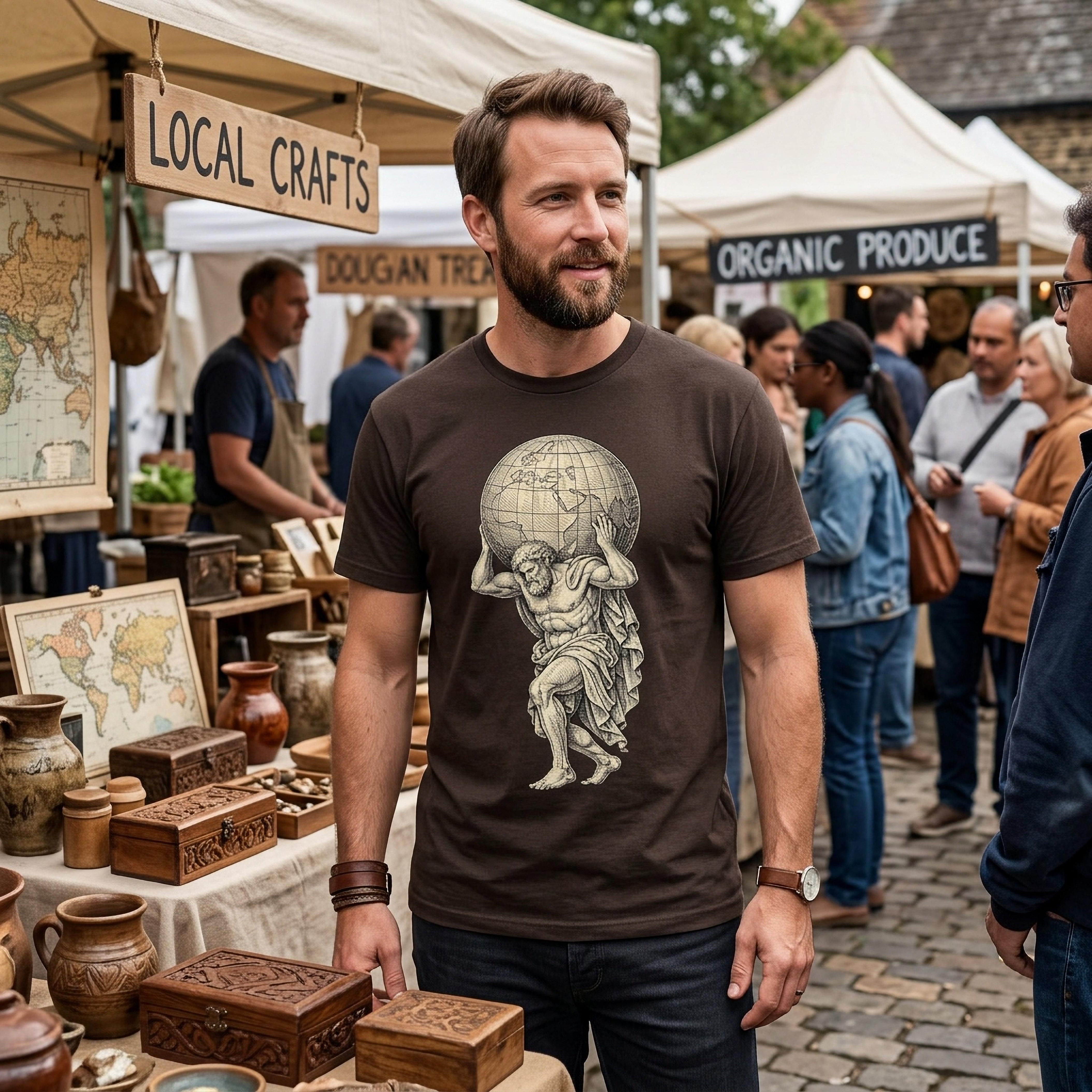Man in brown t-shirt with Atlas globe graphic at outdoor market.