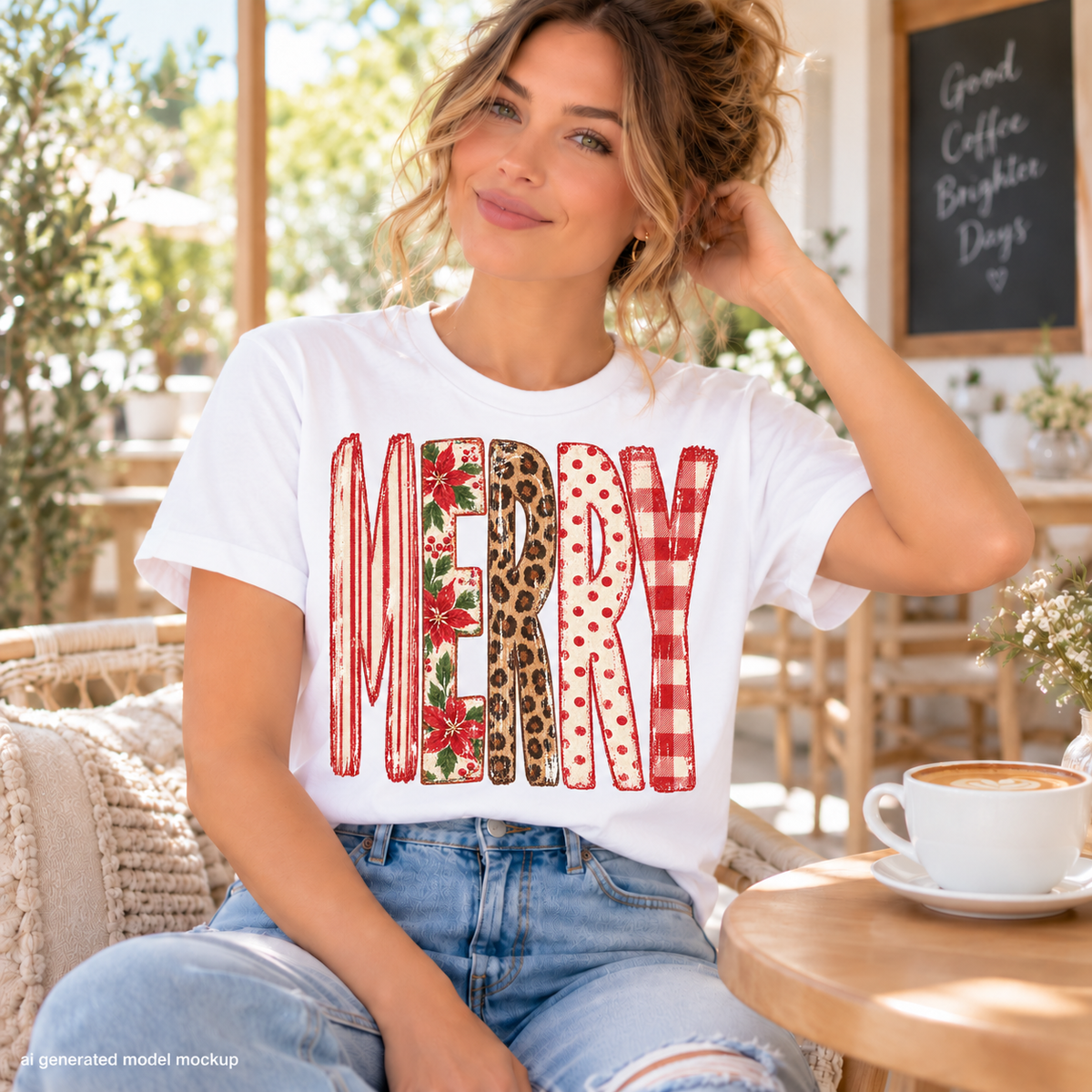 Woman wearing white t-shirt with "MERRY" text in various Christmas patterns.