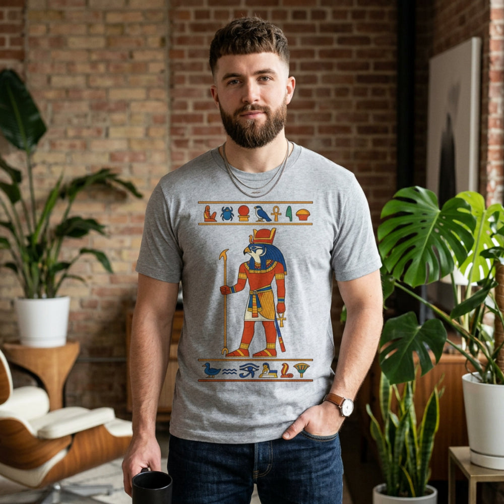 Gray t-shirt with Egyptian hieroglyphs and deities including Horus and an ibis.