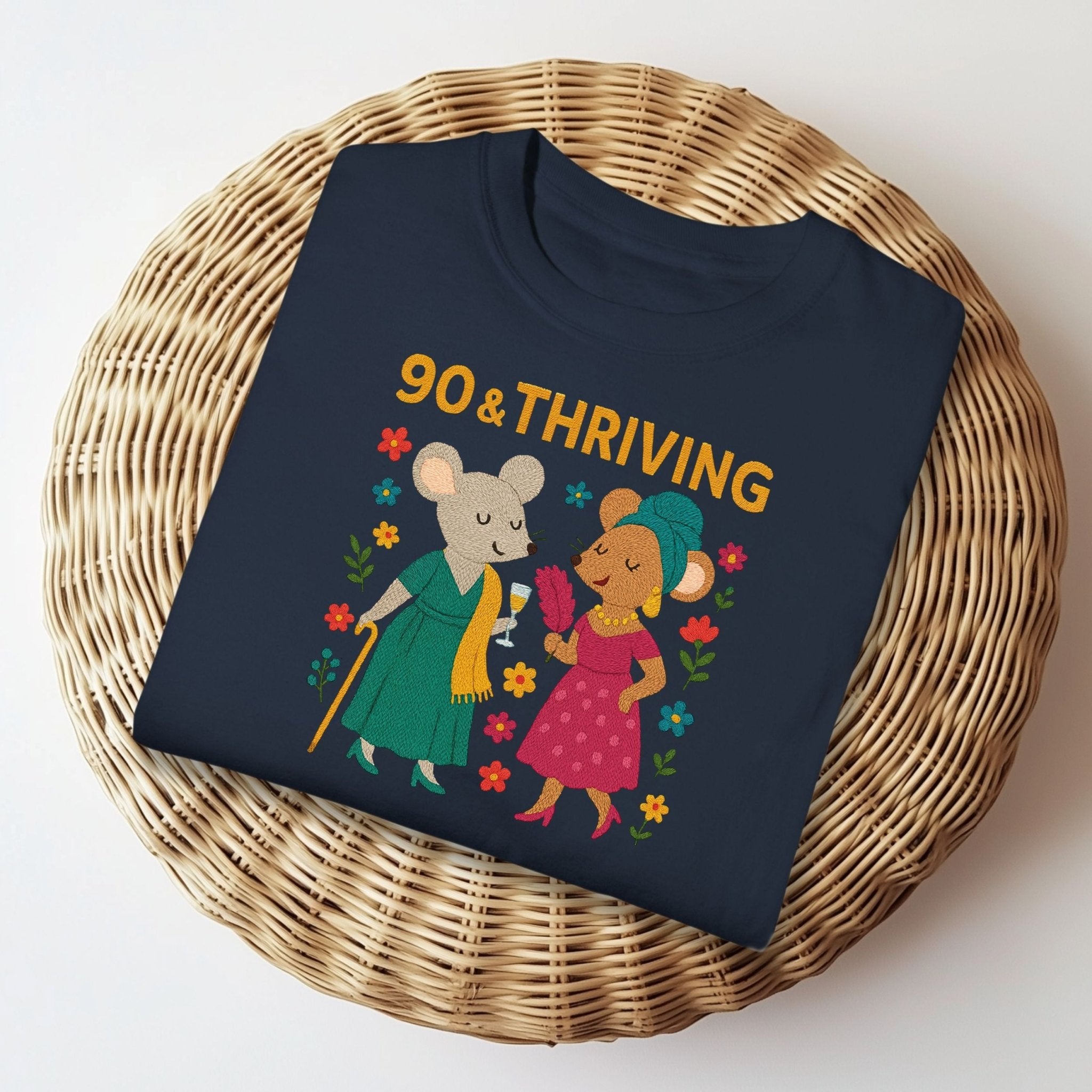 90 & Thriving Birthday Shirt, Comfort Colours 90th Gift Tee, Cute Mouse Design for Grandma, Embroidered Style Milestone Shirt - Craig Michael Design