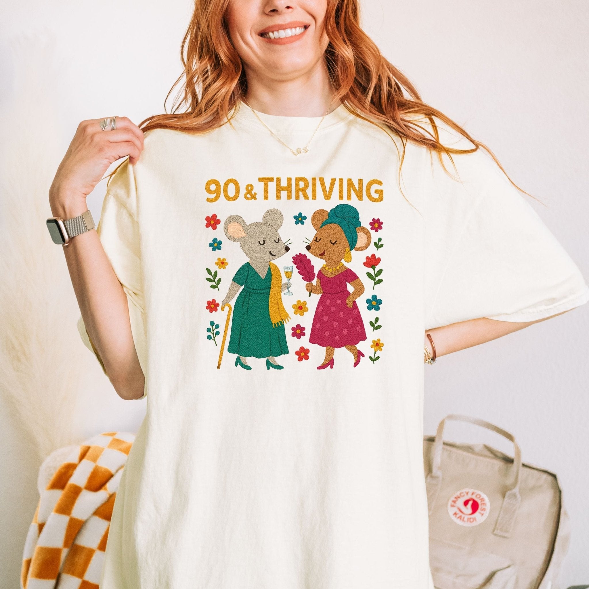 90 & Thriving Birthday Shirt, Comfort Colours 90th Gift Tee, Cute Mouse Design for Grandma, Embroidered Style Milestone Shirt - Craig Michael Design