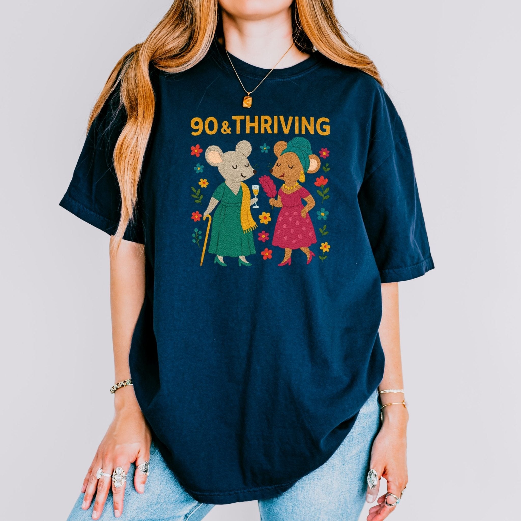 90 & Thriving Birthday Shirt, Comfort Colours 90th Gift Tee, Cute Mouse Design for Grandma, Embroidered Style Milestone Shirt - Craig Michael Design