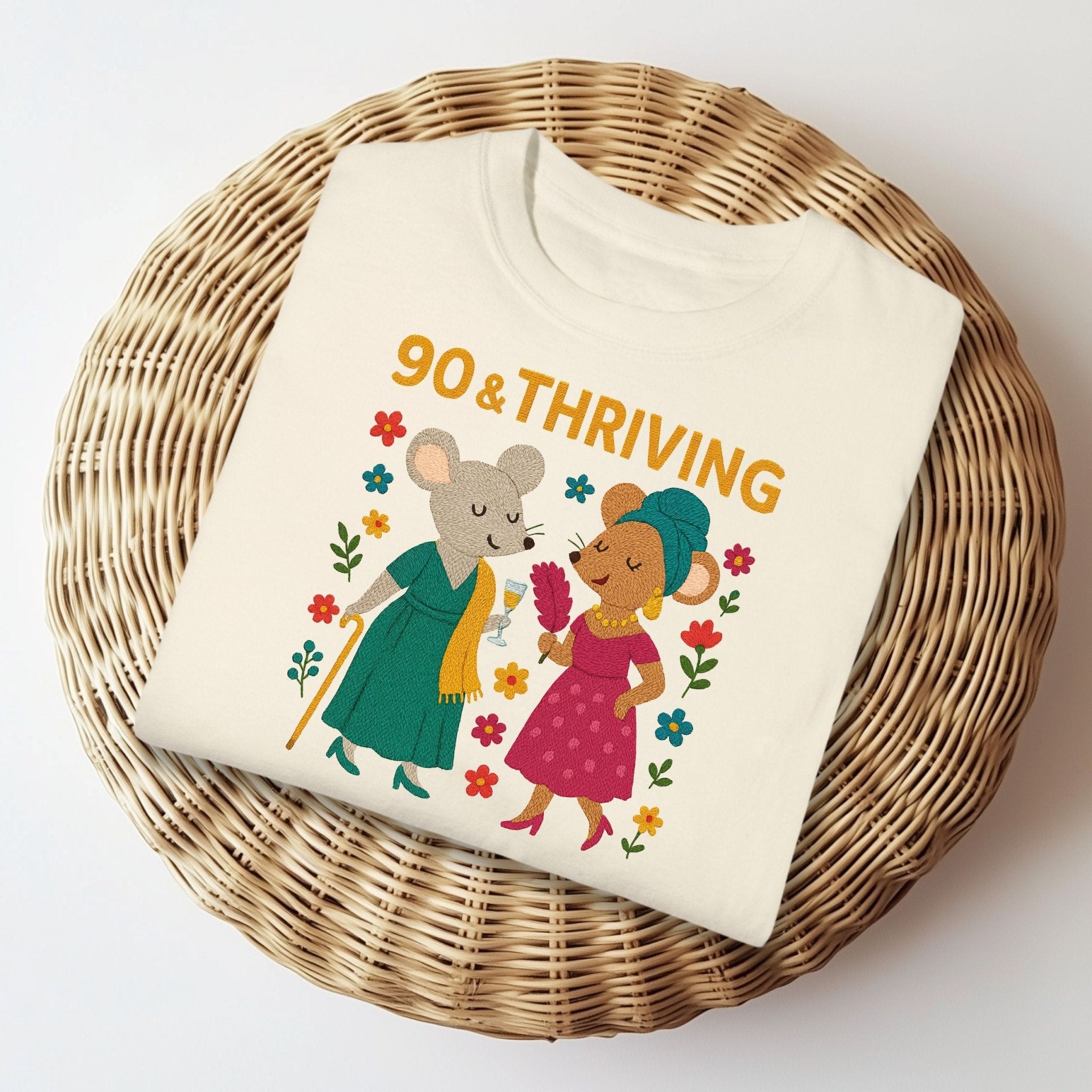 90 & Thriving Birthday Shirt, Comfort Colours 90th Gift Tee, Cute Mouse Design for Grandma, Embroidered Style Milestone Shirt - Craig Michael Design