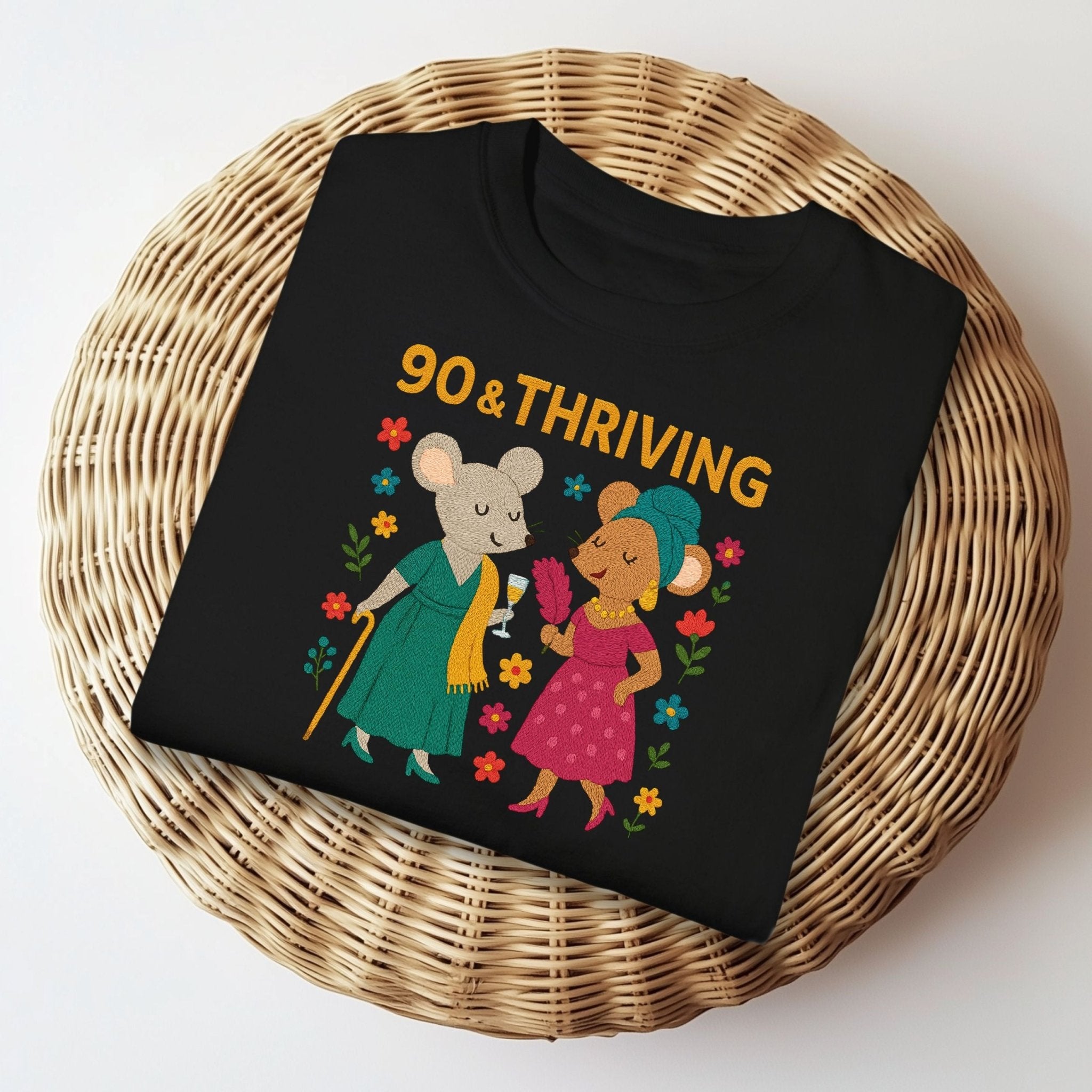 90 & Thriving Birthday Shirt, Comfort Colours 90th Gift Tee, Cute Mouse Design for Grandma, Embroidered Style Milestone Shirt - Craig Michael Design