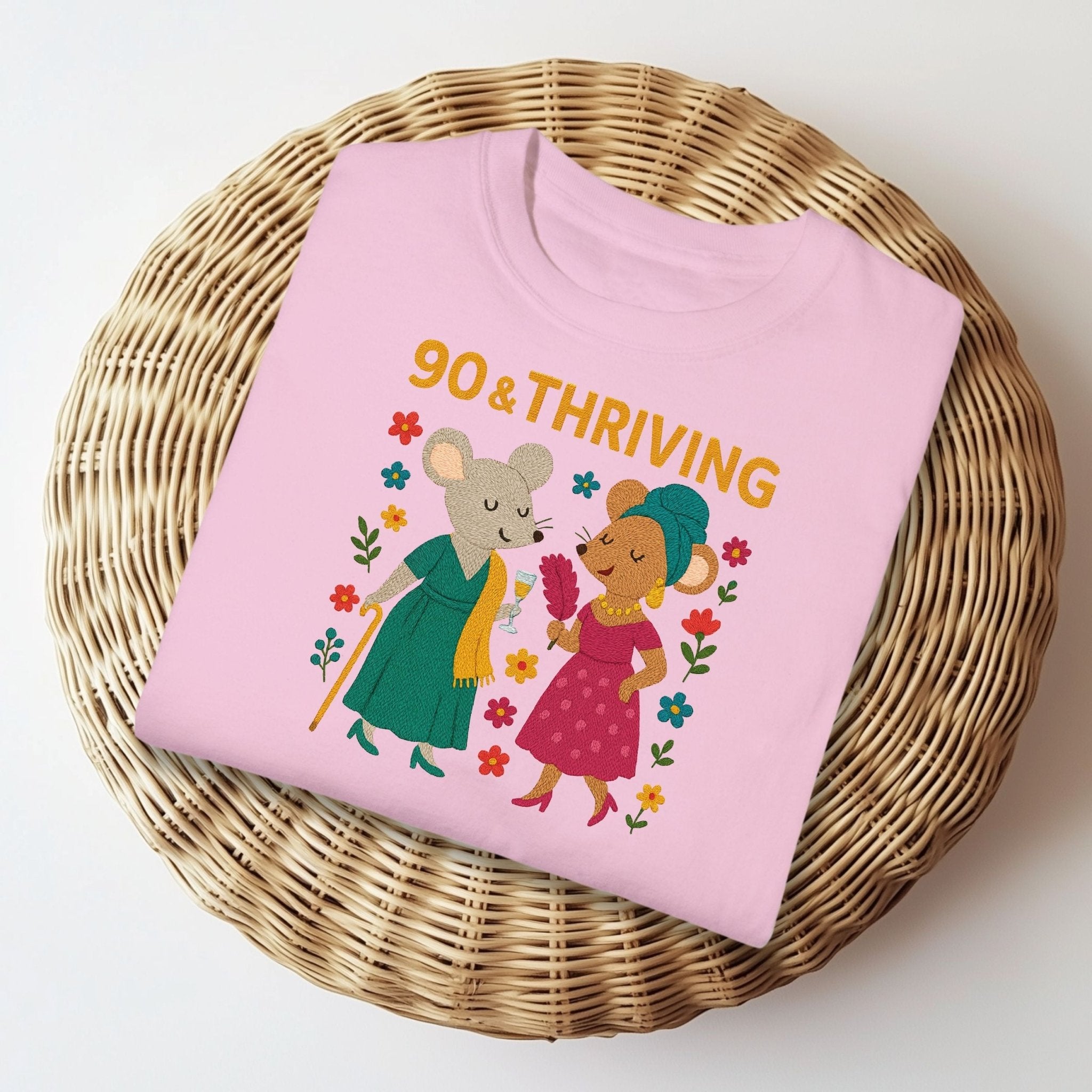 90 & Thriving Birthday Shirt, Comfort Colours 90th Gift Tee, Cute Mouse Design for Grandma, Embroidered Style Milestone Shirt - Craig Michael Design