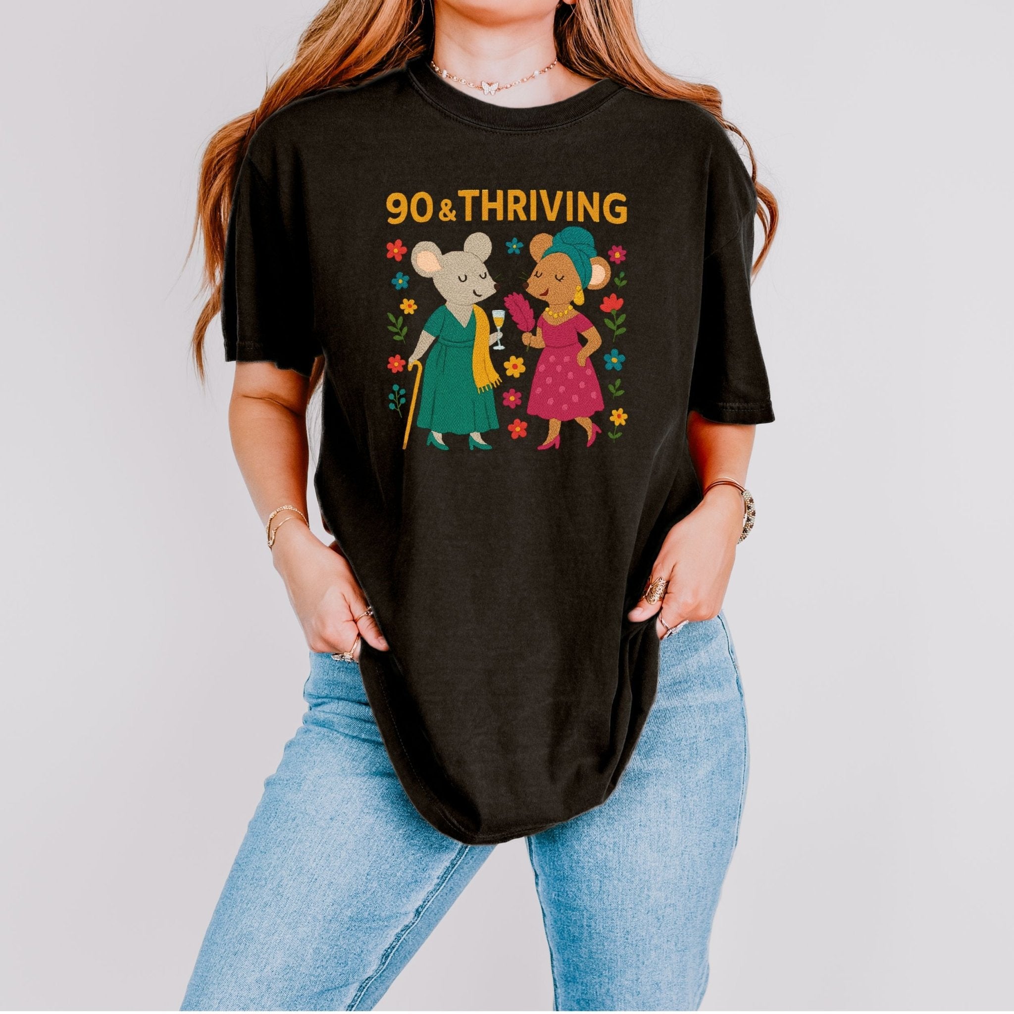 90 & Thriving Birthday Shirt, Comfort Colours 90th Gift Tee, Cute Mouse Design for Grandma, Embroidered Style Milestone Shirt - Craig Michael Design