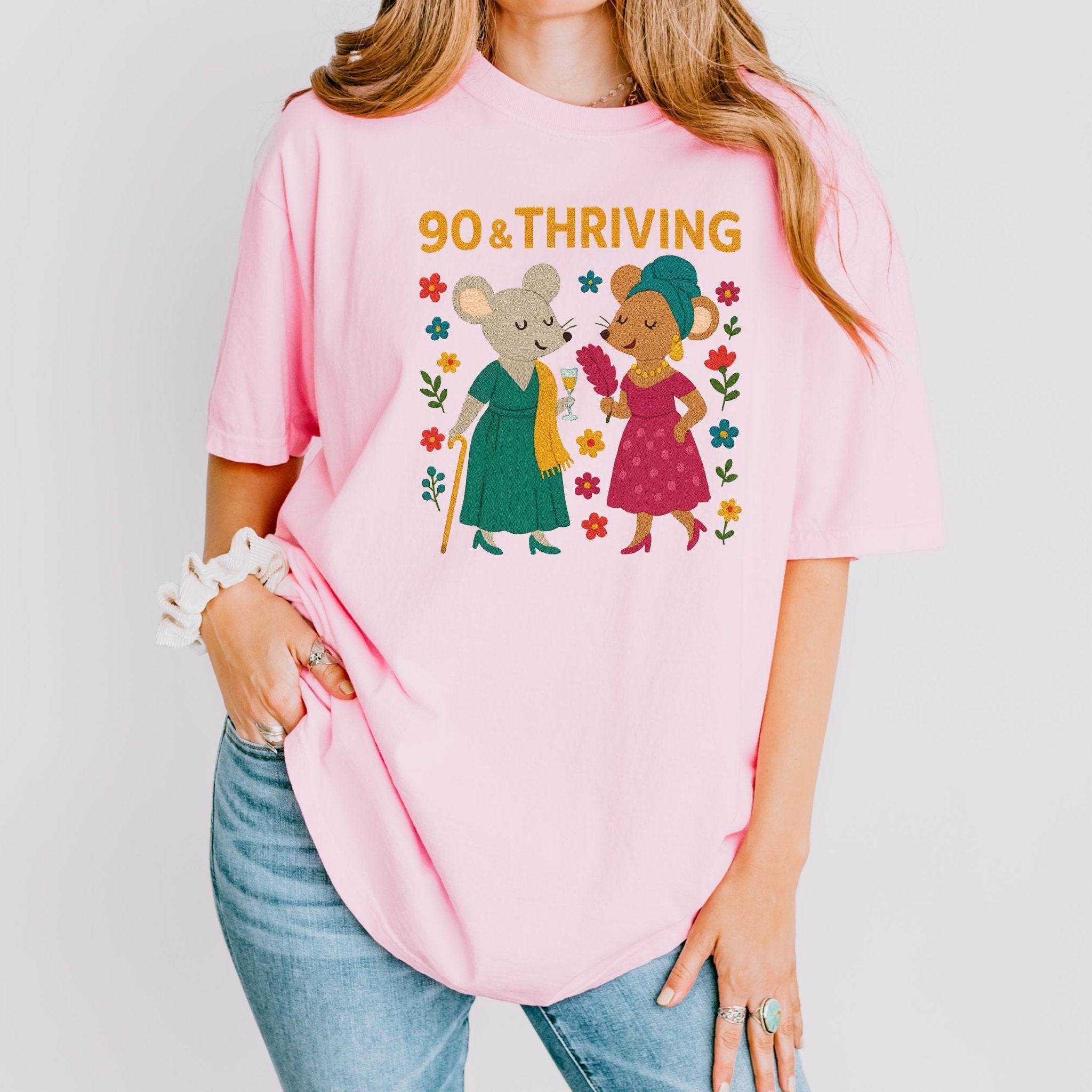 90 & Thriving Birthday Shirt, Comfort Colours 90th Gift Tee, Cute Mouse Design for Grandma, Embroidered Style Milestone Shirt - Craig Michael Design