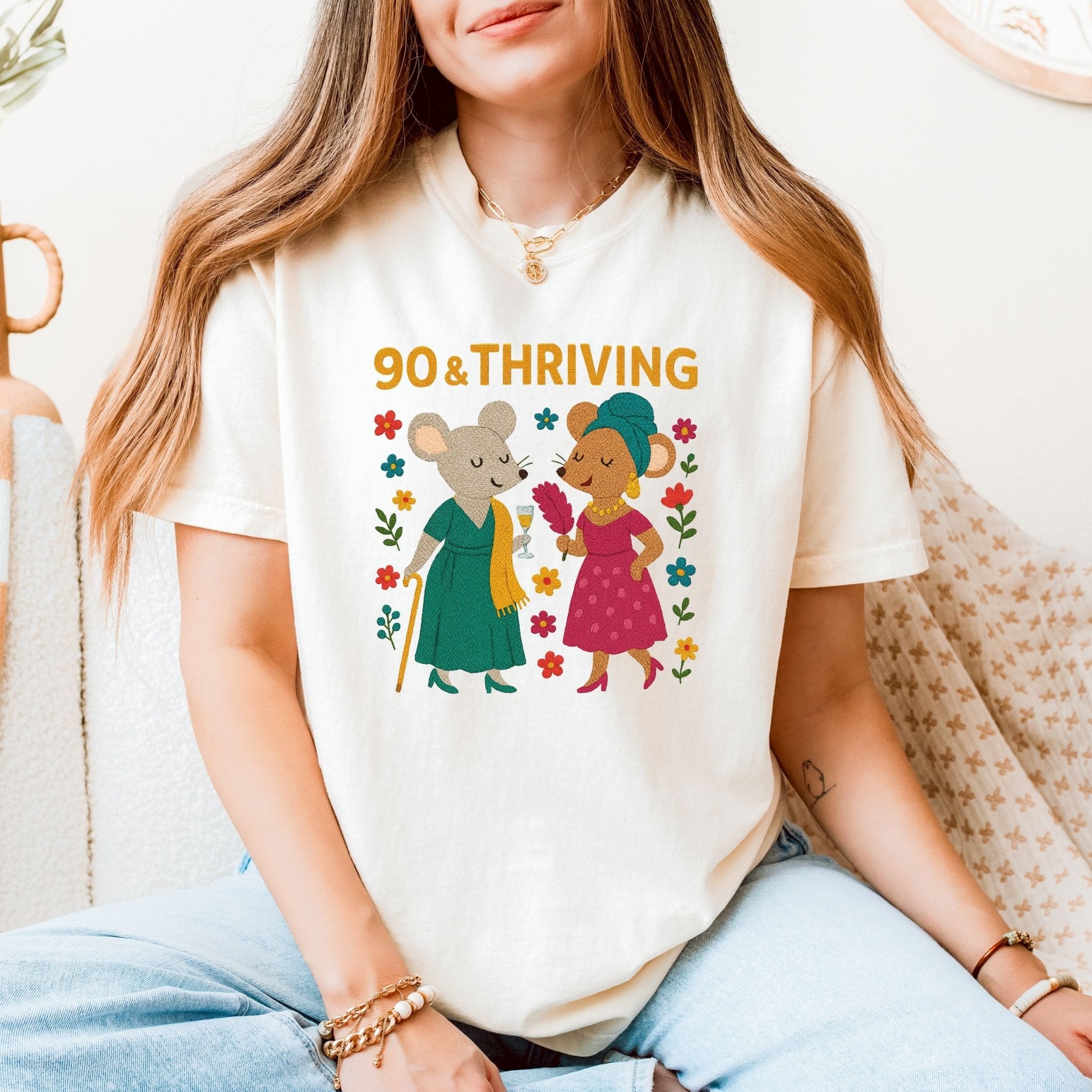 90 & Thriving Birthday Shirt, Comfort Colours 90th Gift Tee, Cute Mouse Design for Grandma, Embroidered Style Milestone Shirt - Craig Michael Design