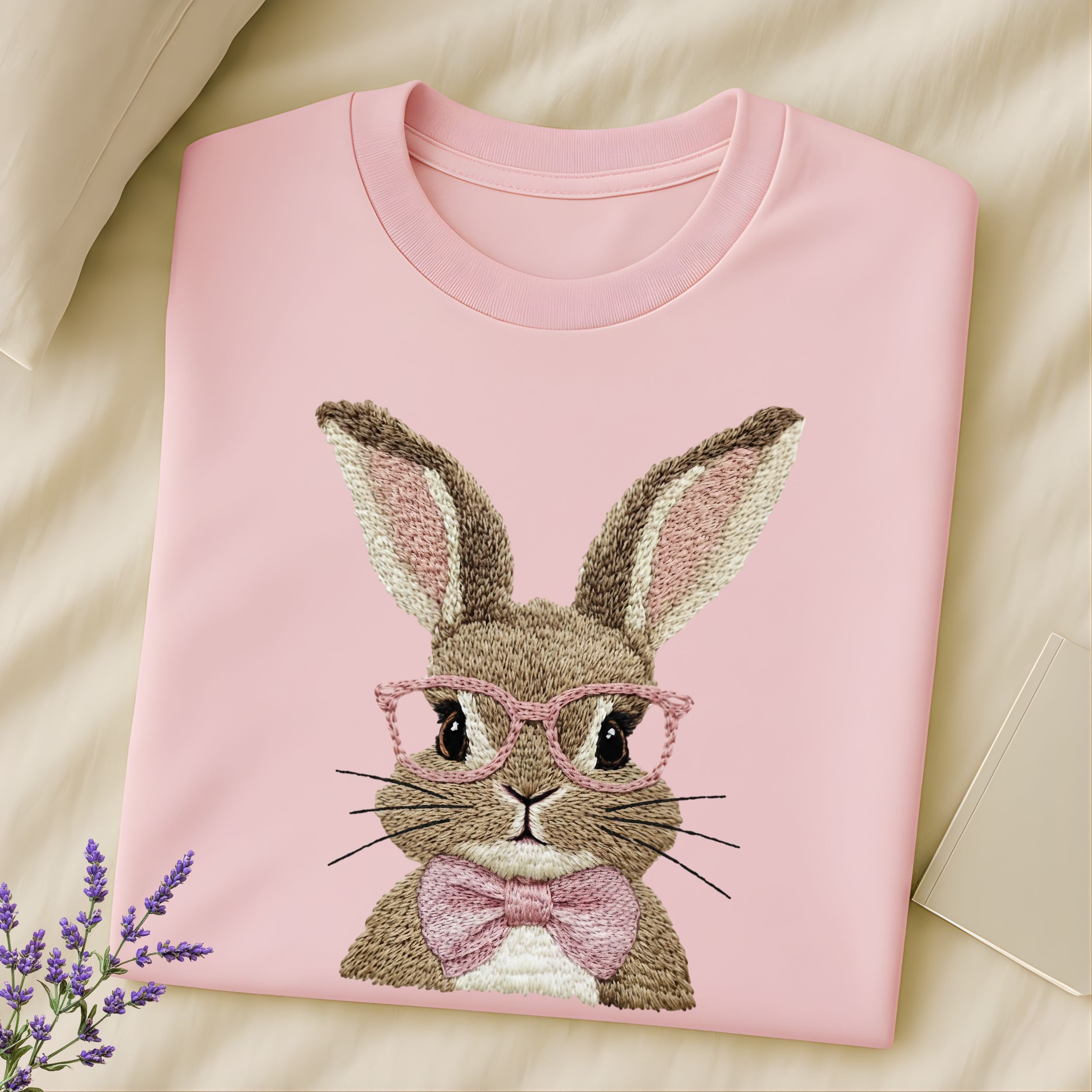 Cute Pink Bunny with Glasses Embroidered Shirt