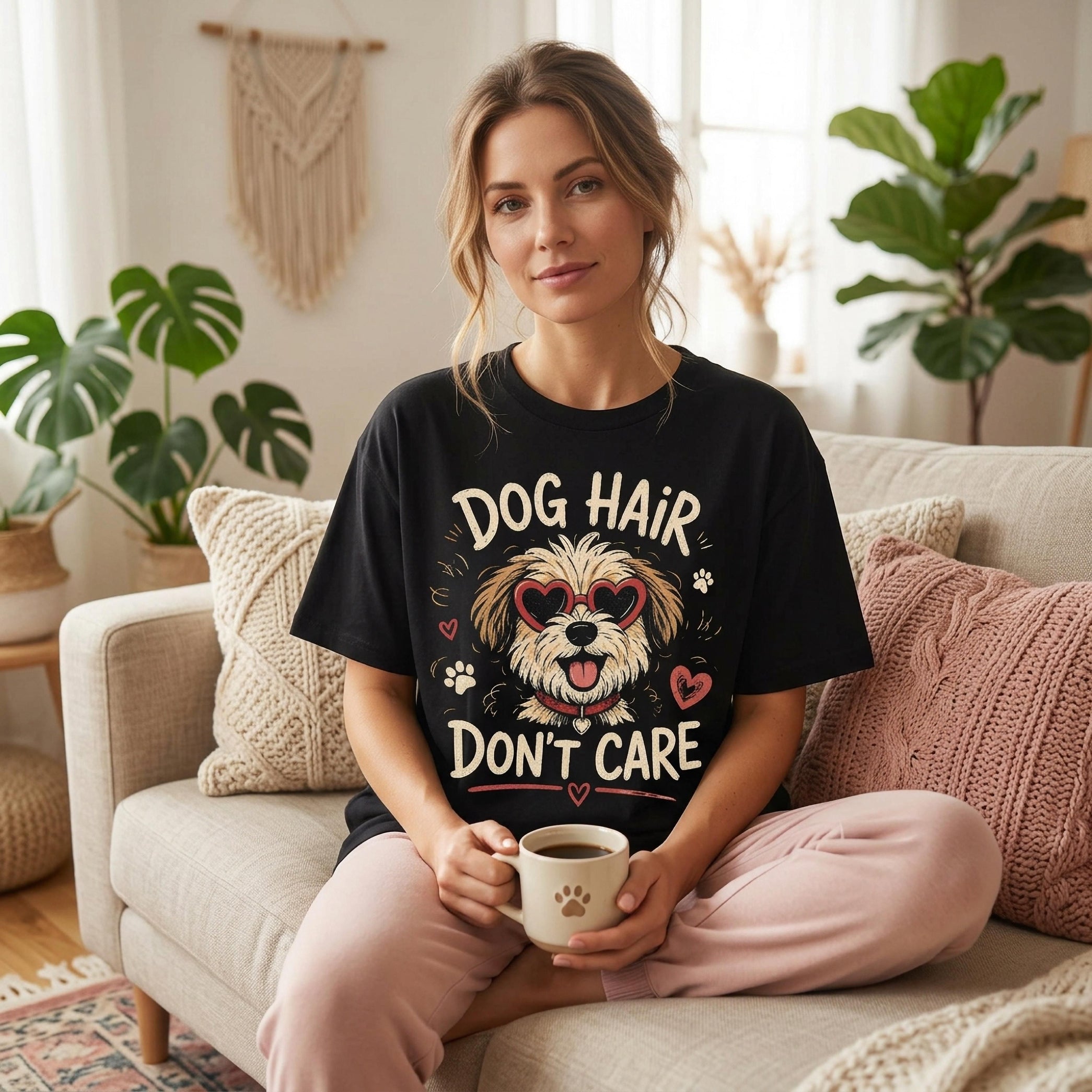 Woman wearing black t-shirt with "DOG HAIR DON'T CARE" text and dog graphic.