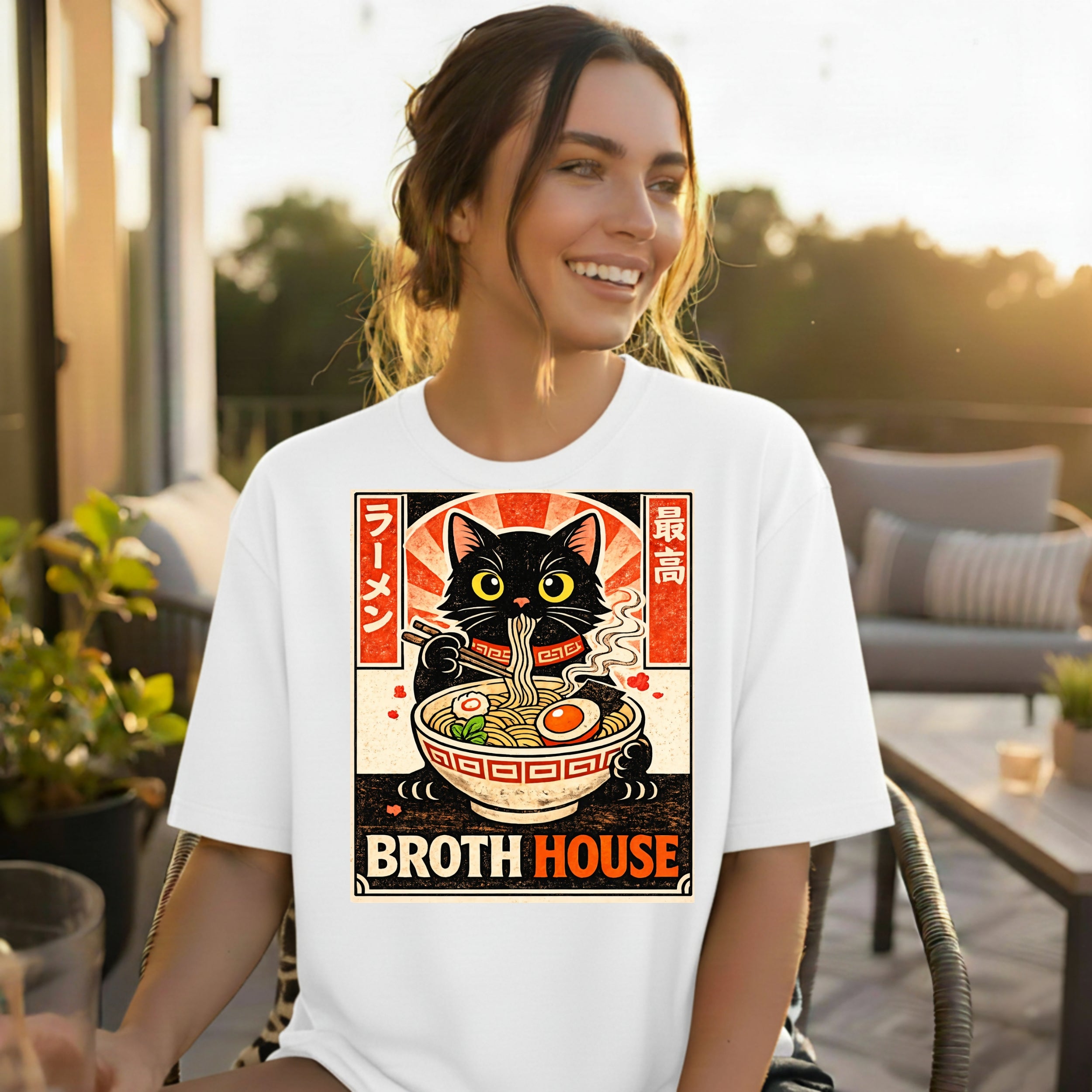 Ramen Cat Broth House Graphic Tee Casual Wear