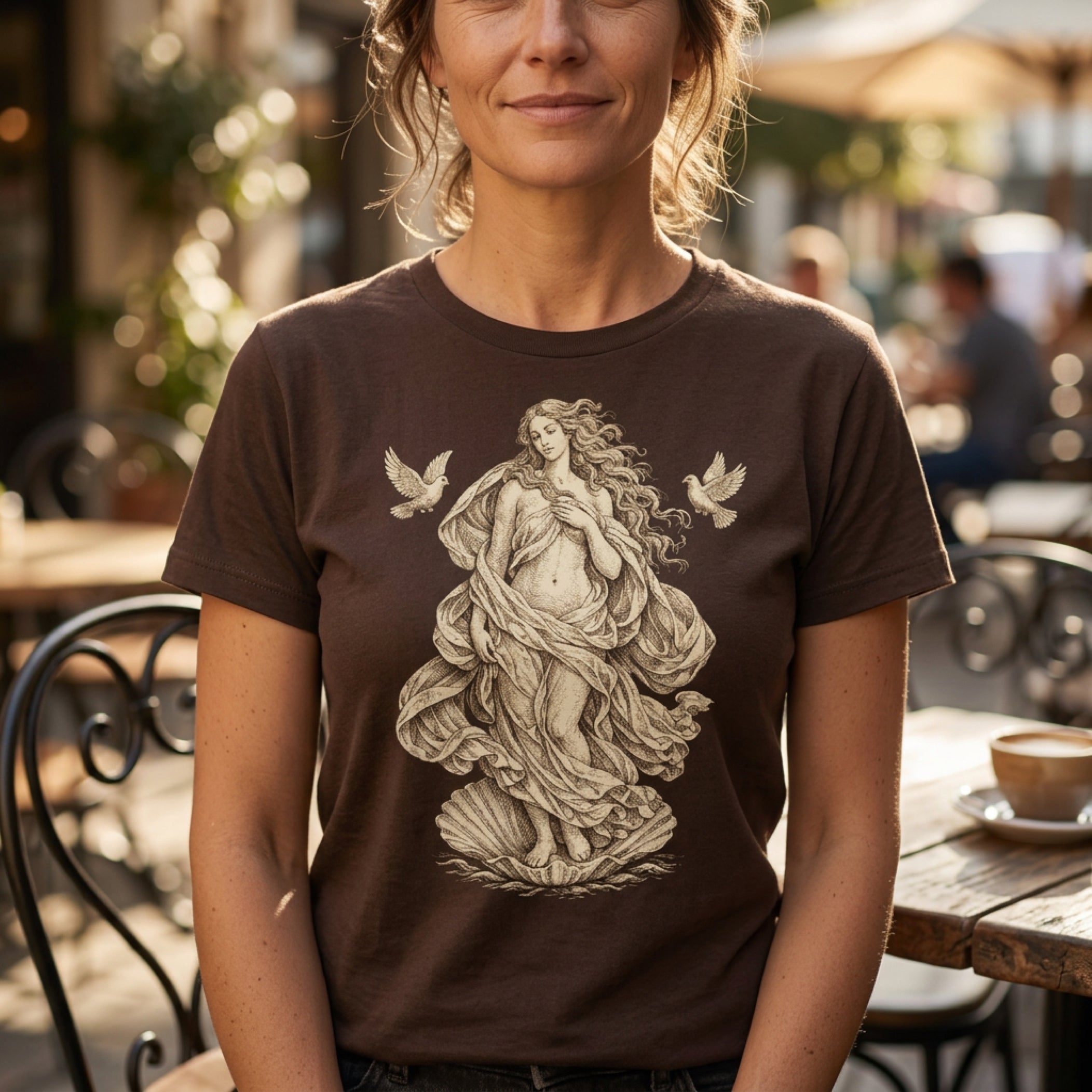 Brown t-shirt featuring a woman emerging from a seashell with two doves.