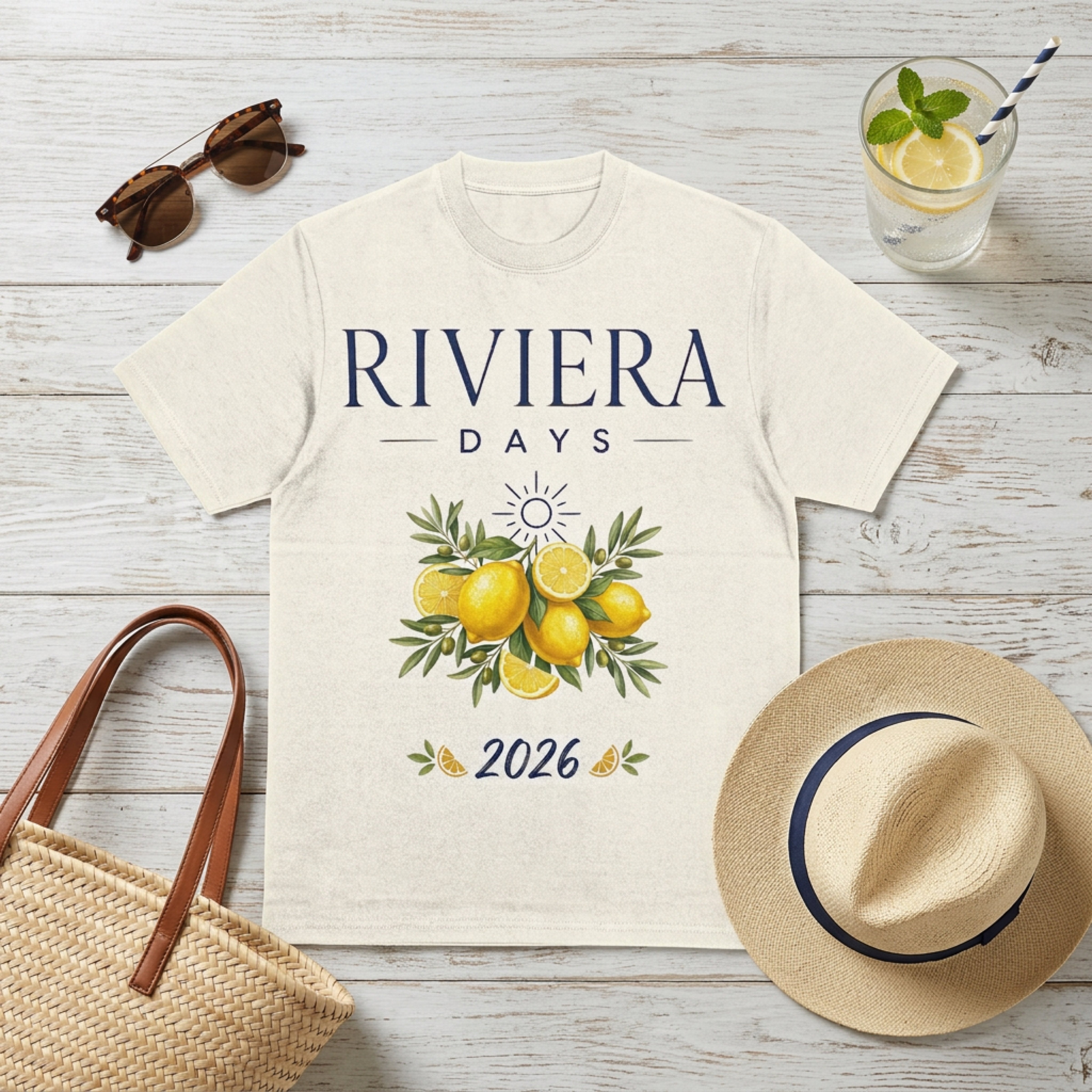 Cream t-shirt with "Riviera Days 2026" text and lemon branch graphic.