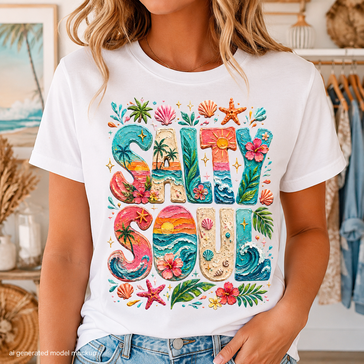 T-shirt graphic with "Salty Soul" in colorful beach-themed letters.
