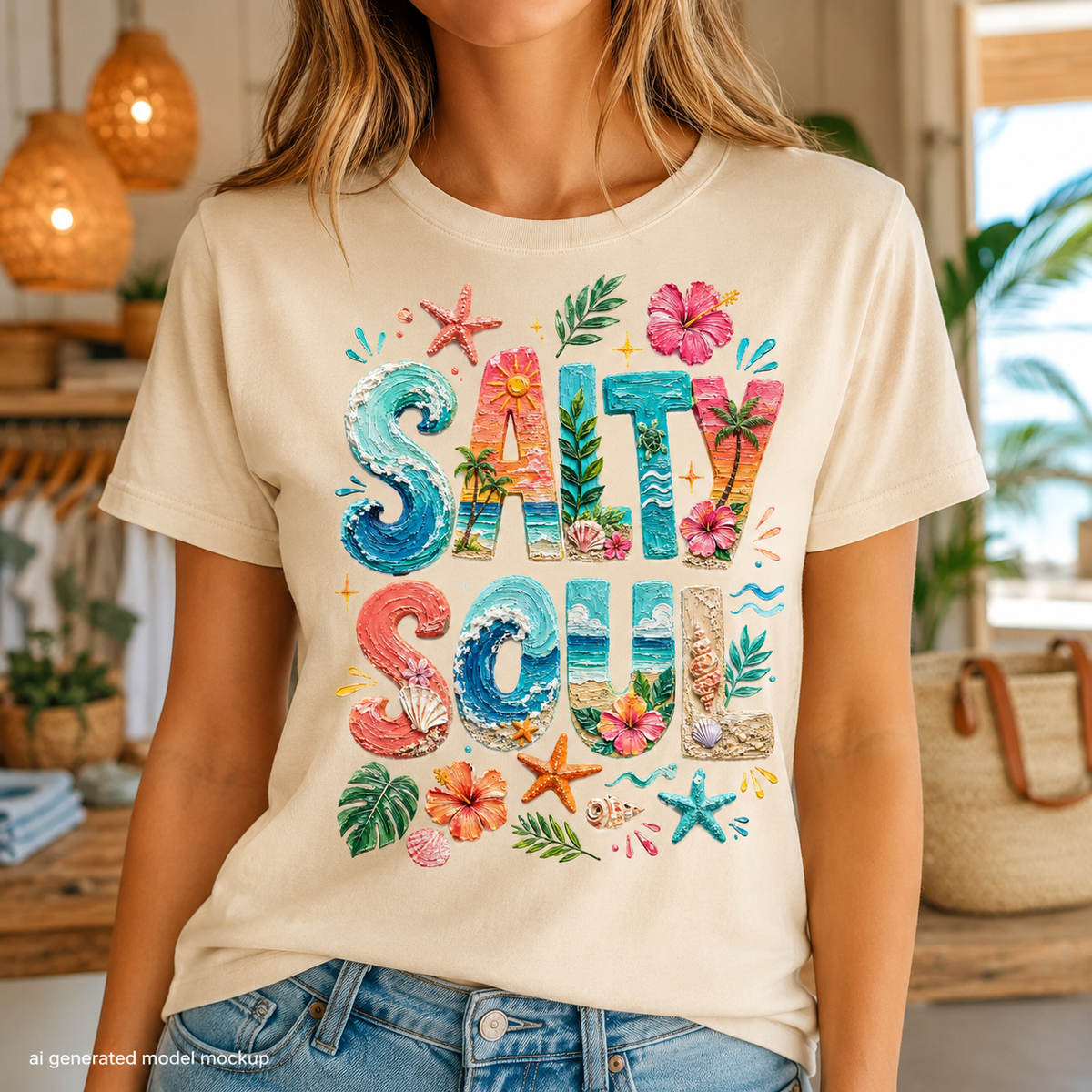 Cream t-shirt with colorful "Salty Soul" text and beach-themed accents.