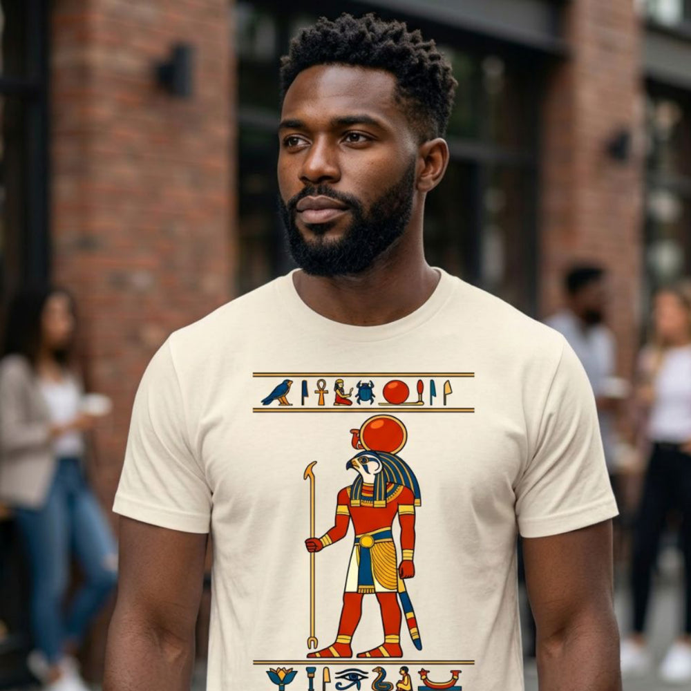 Man wearing a t-shirt with Egyptian hieroglyphs and Ra.