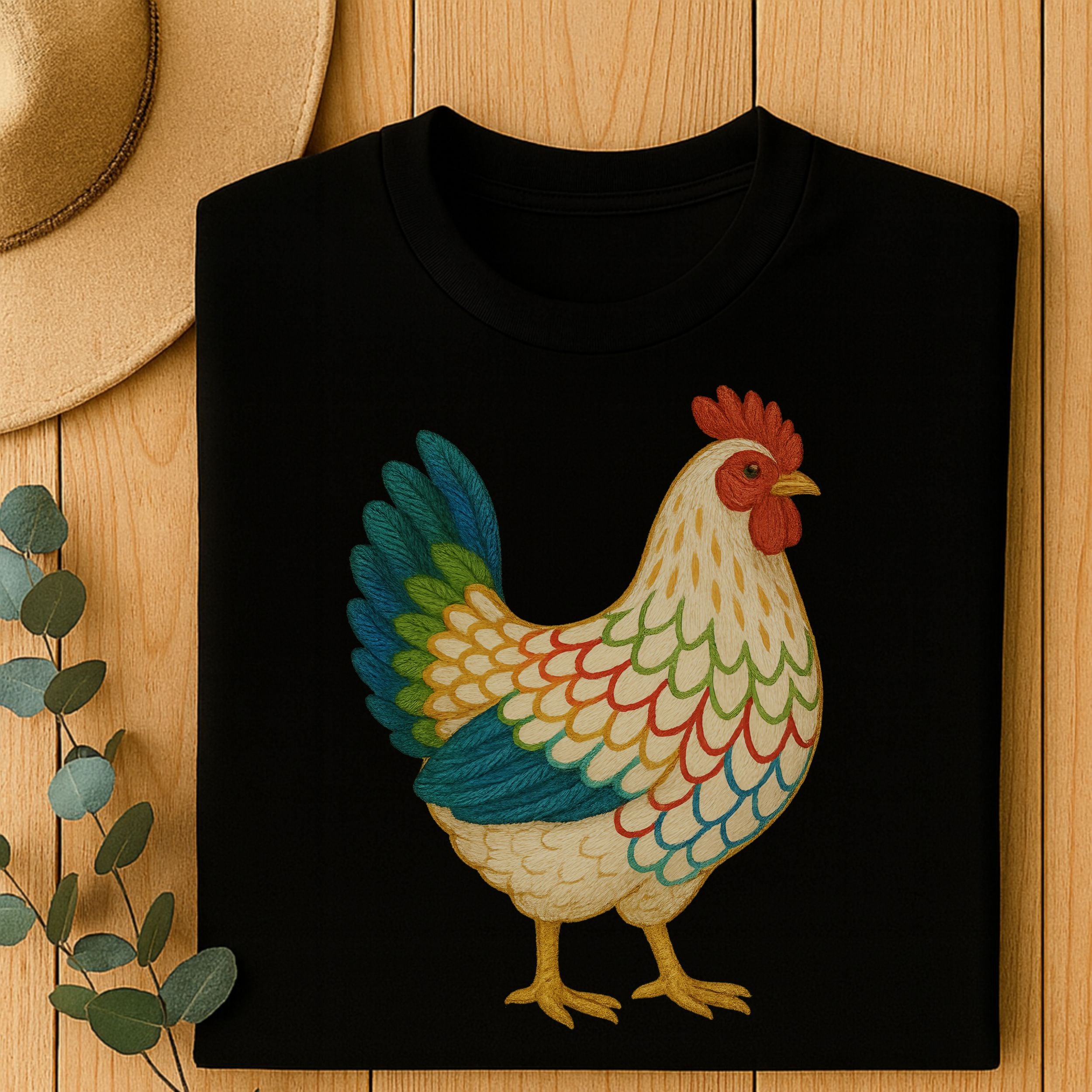 Colorful Rooster Design on Folded Black Shirt product