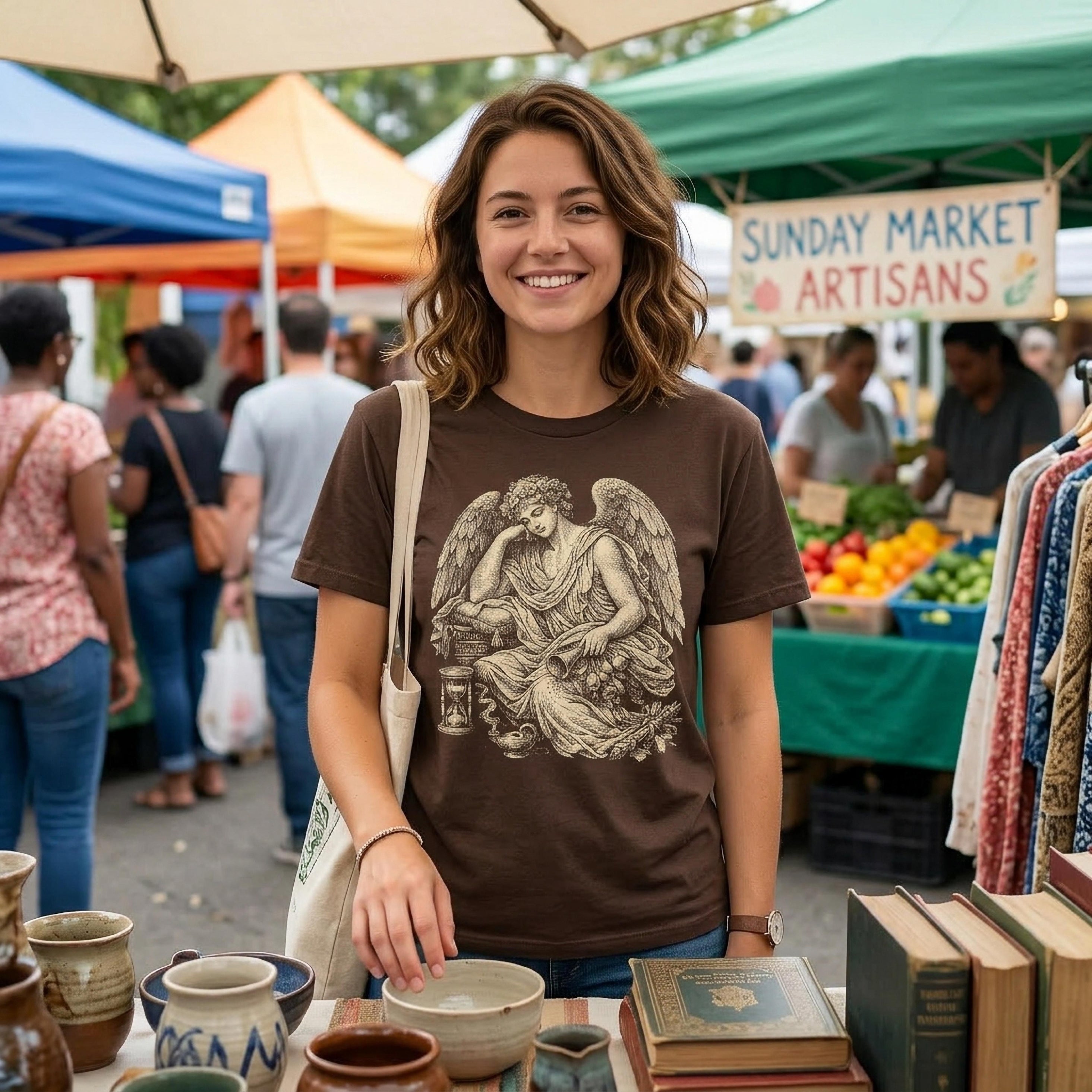 Woman wearing a brown t-shirt with an angel and hourglass graphic.
