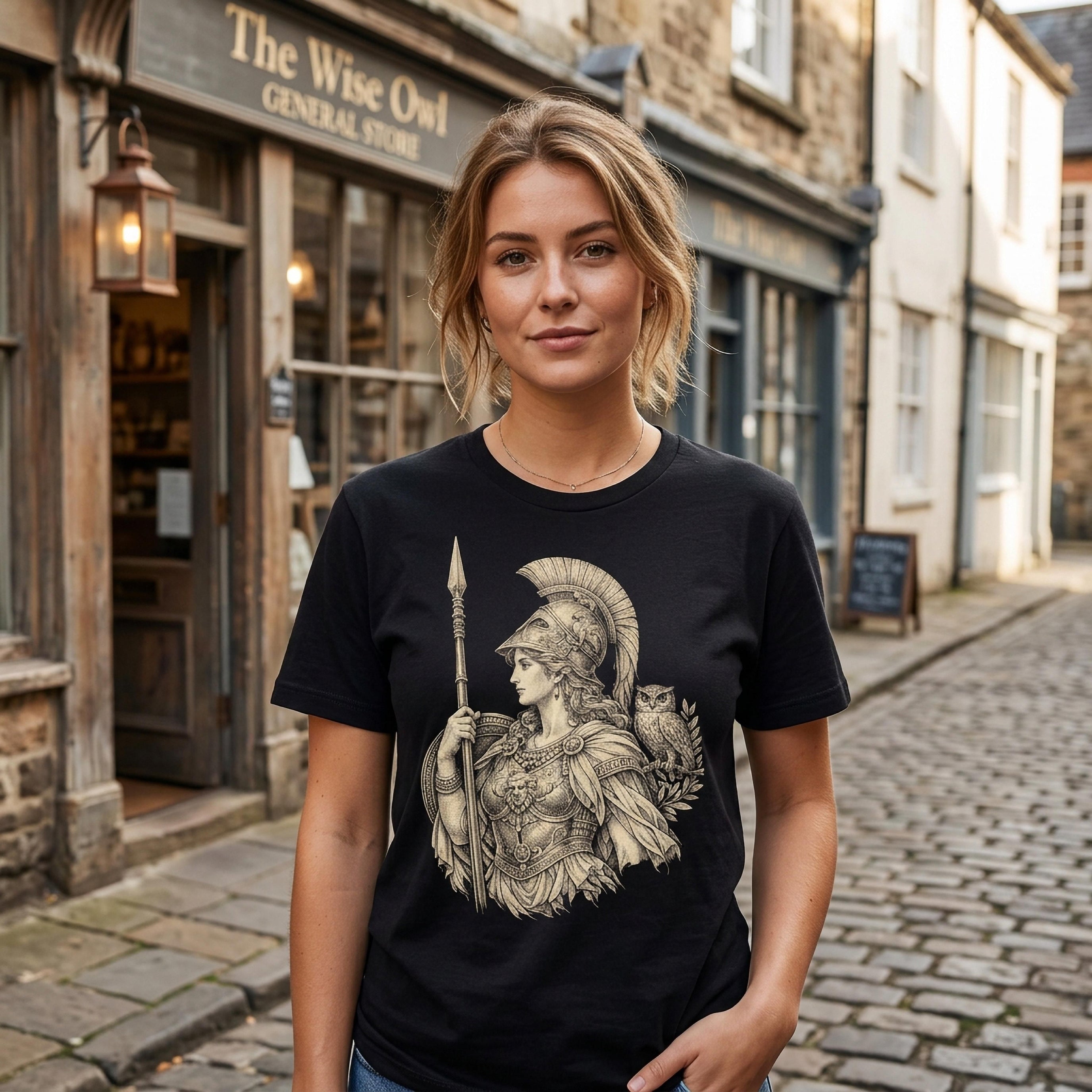 Woman wearing a black t-shirt with a drawing of Athena and an owl.
