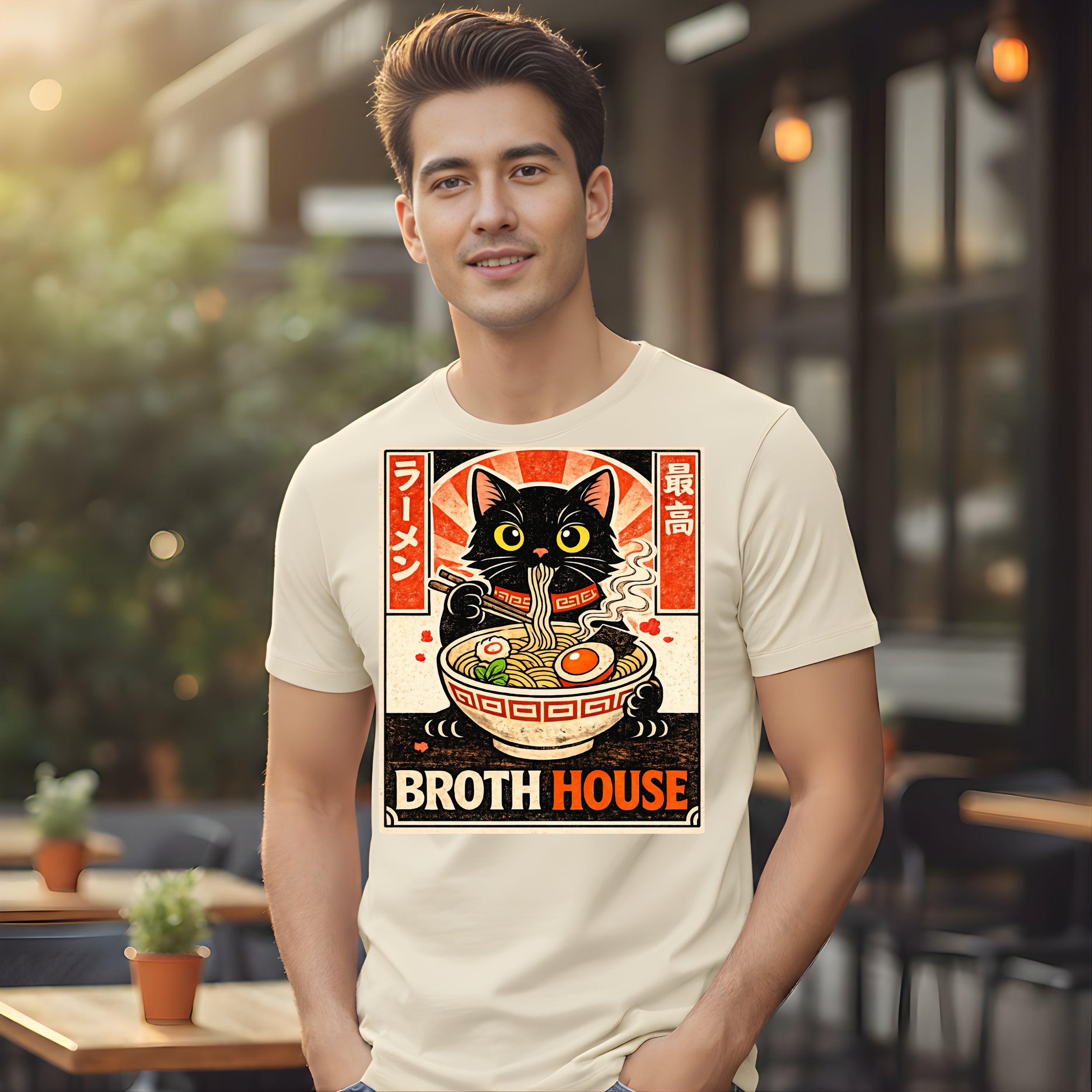Cat Eating Ramen Broth House Japanese Style T-shirt