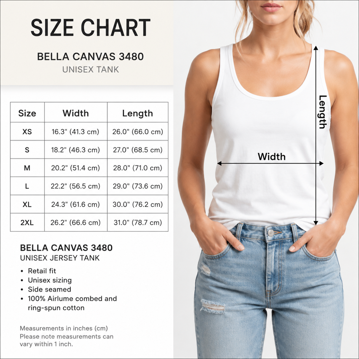 Bella Canvas 3480 Unisex Tank size chart with width and length measurements.