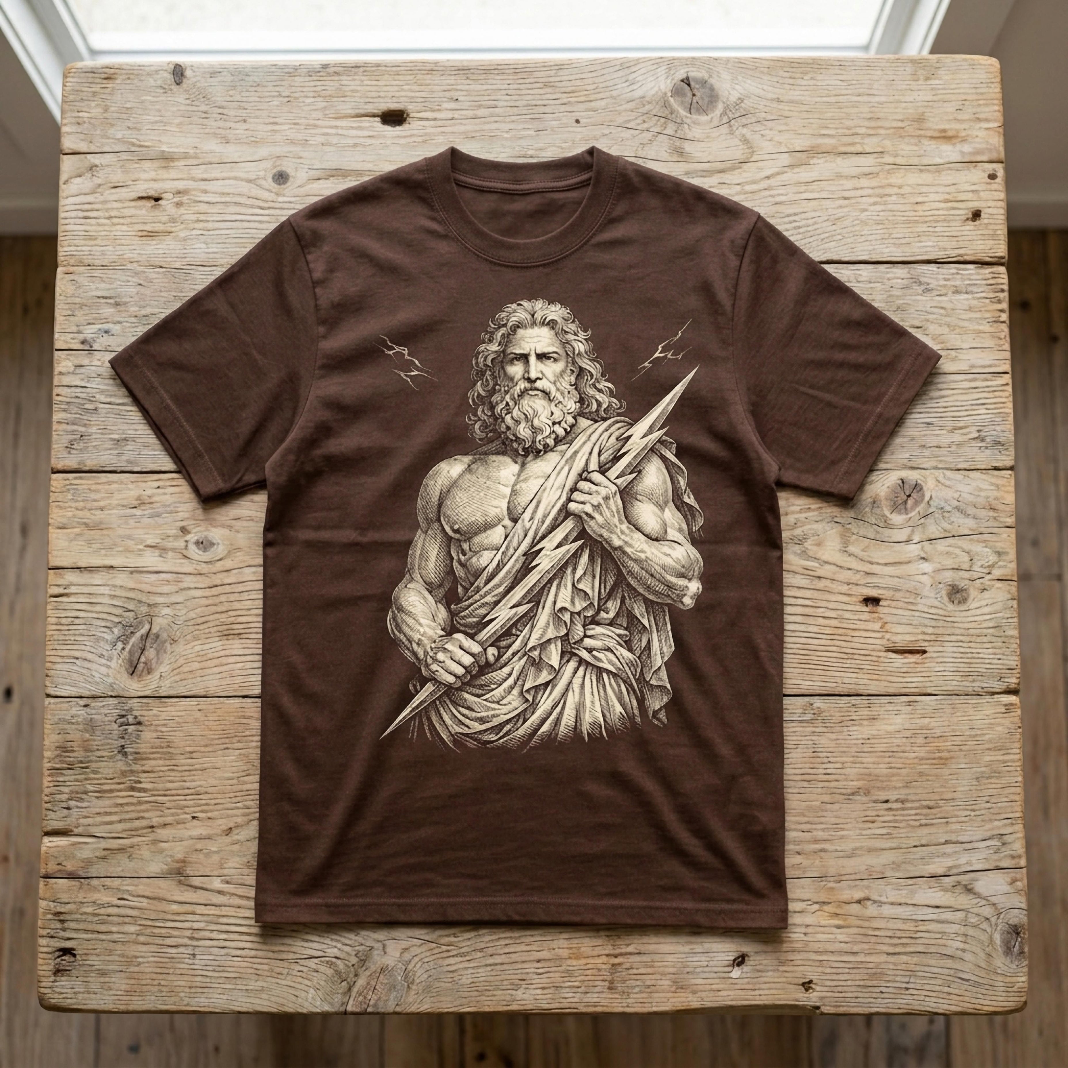 Brown t-shirt with Zeus holding a lightning bolt illustration.