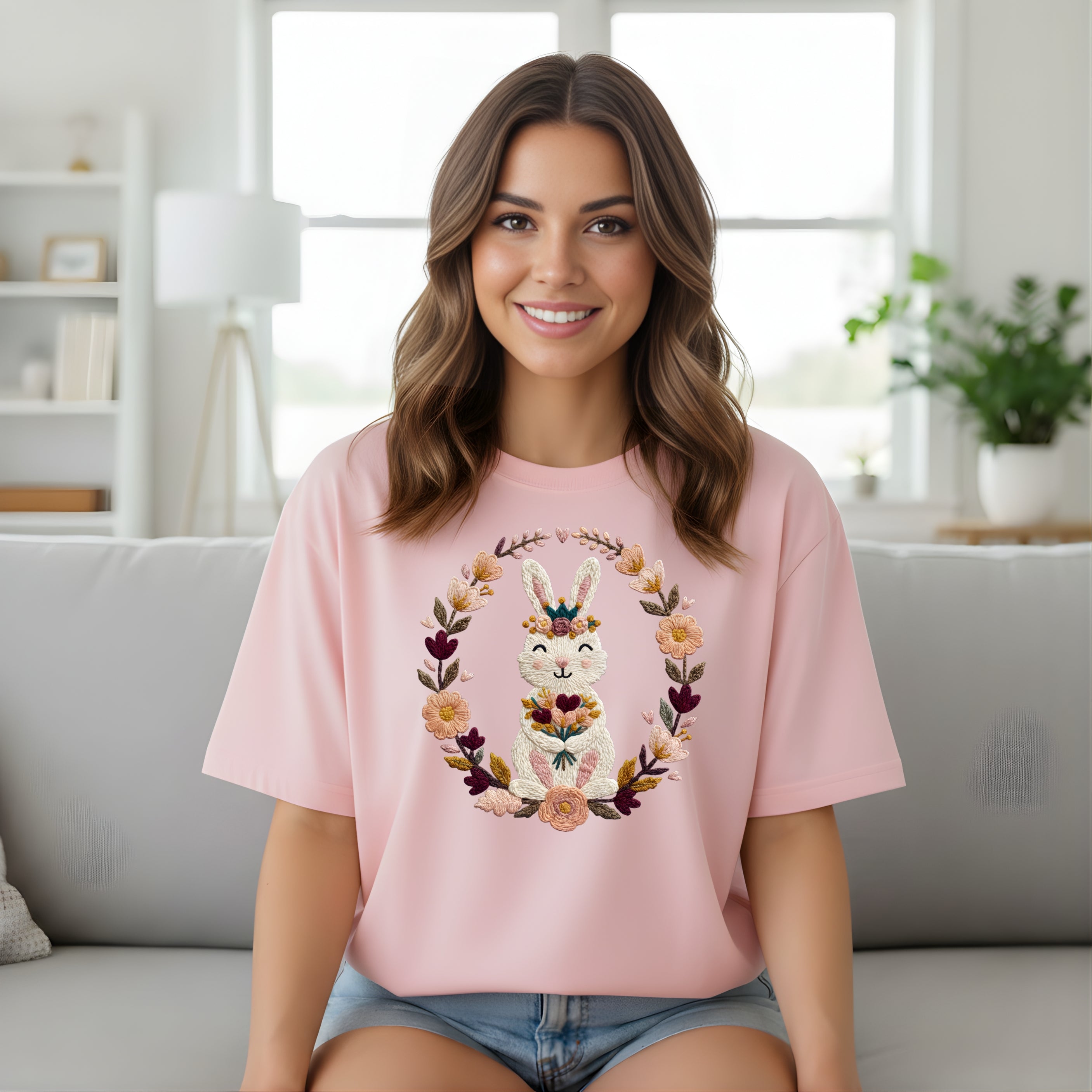 Adorable Bunny Surrounded by Floral Wreath T-shirt