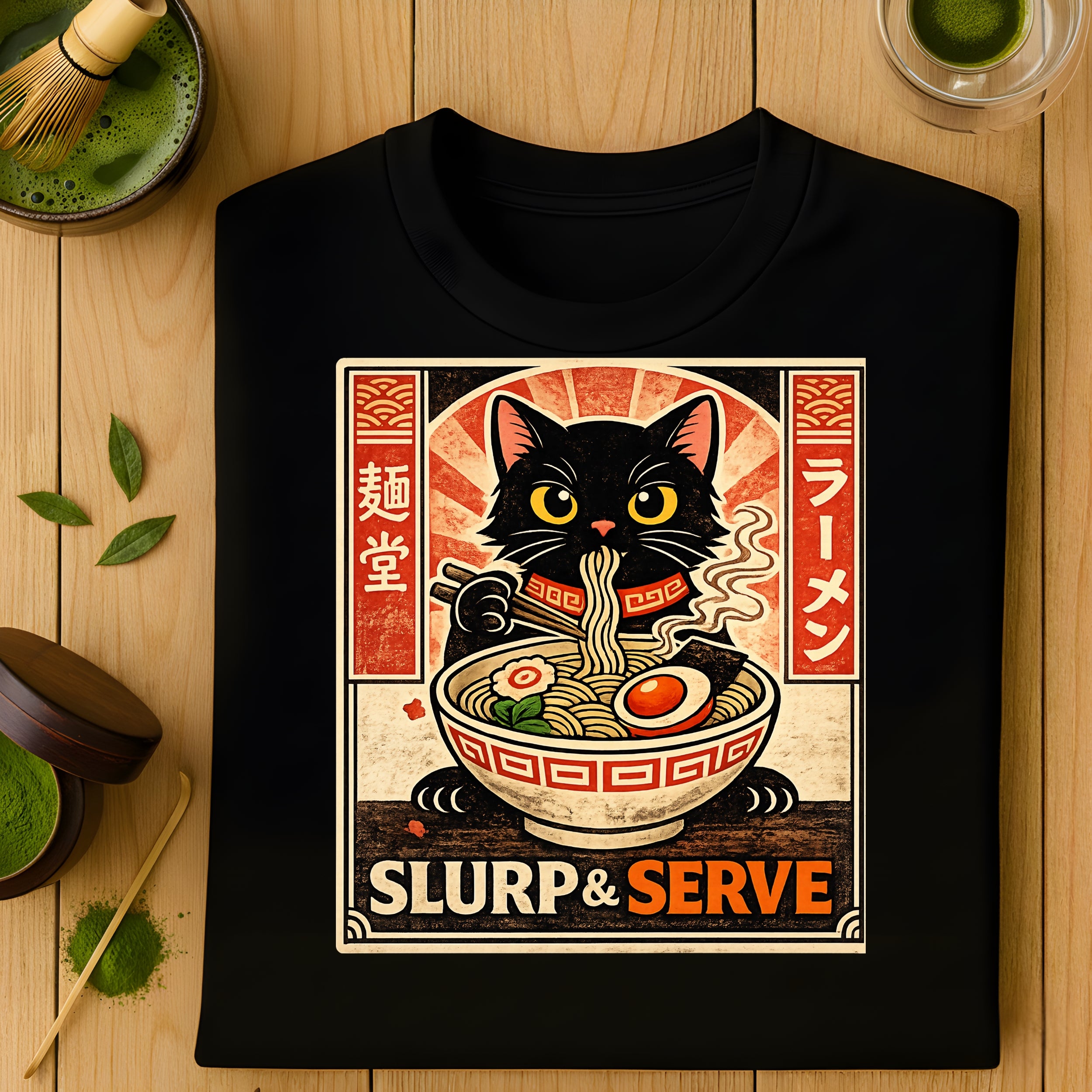 Slurp and Serve Cat Ramen Noodles Graphic Shirt
