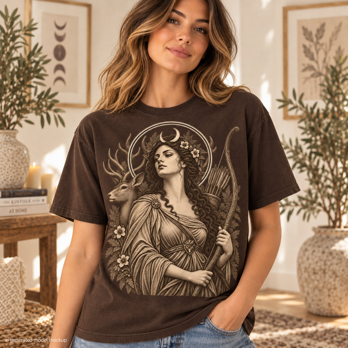 Brown t-shirt with a graphic of a woman with a bow, arrows, deer, and moon.