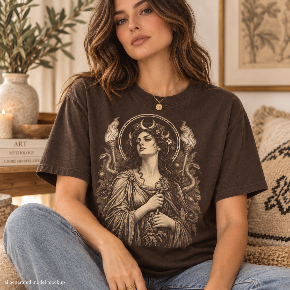 Dark brown t-shirt featuring a black and white graphic of a woman with a crescent moon and torches.