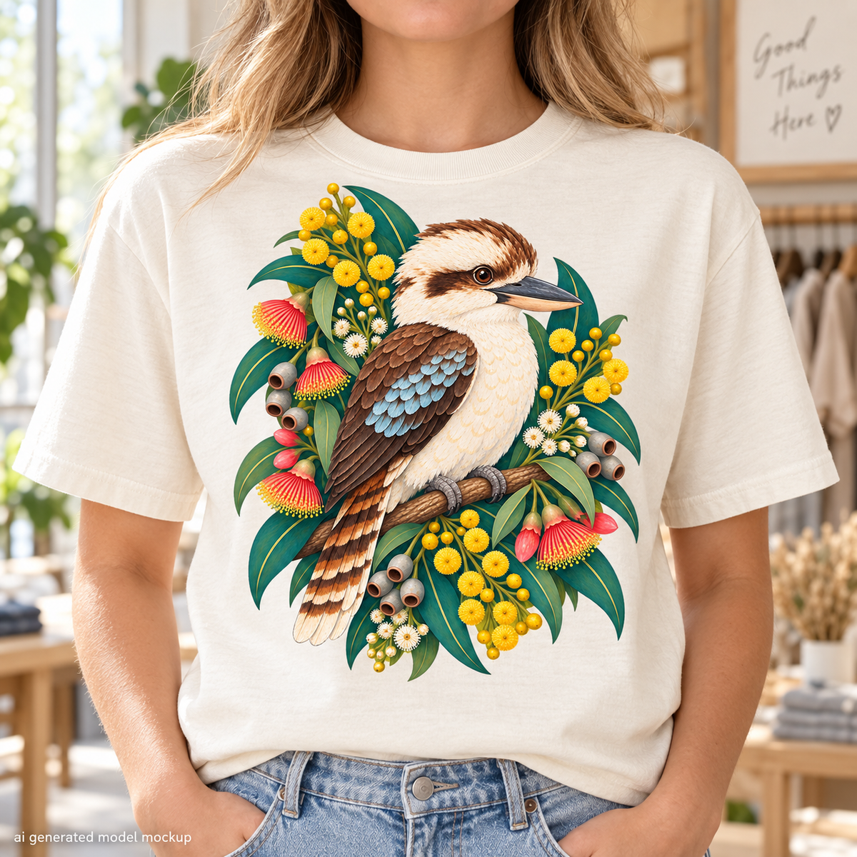 Kookaburra perched on a branch surrounded by Australian native flowers and gum nuts.