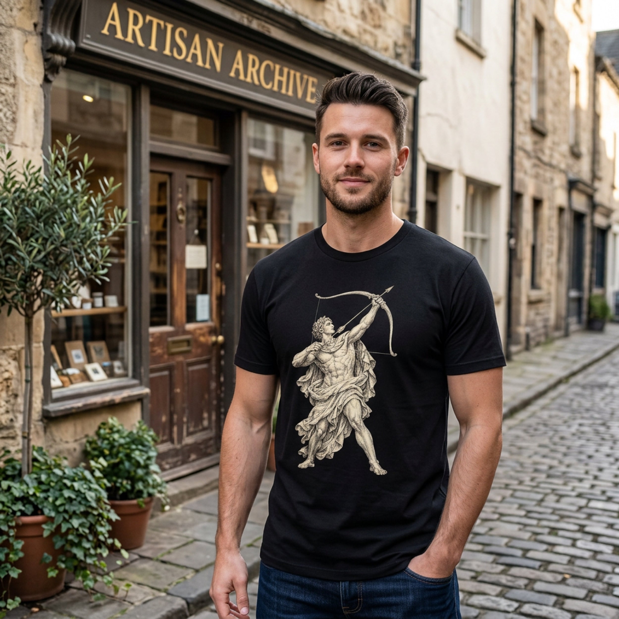 Man wearing black t-shirt with a Greek statue graphic and bow.