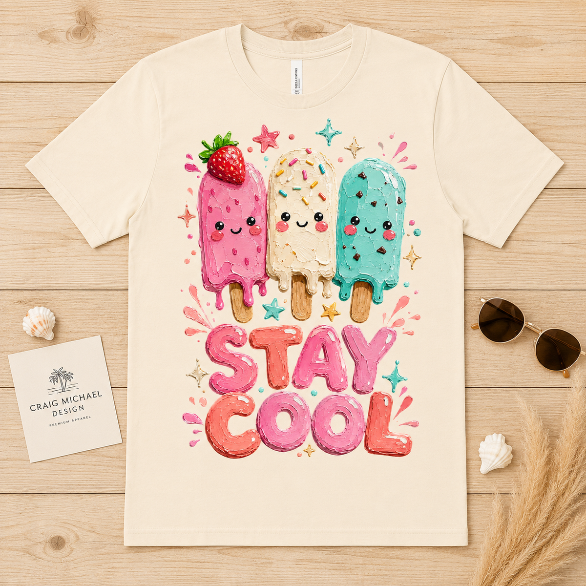 Cream t-shirt with three cartoon popsicles and "STAY COOL" text.