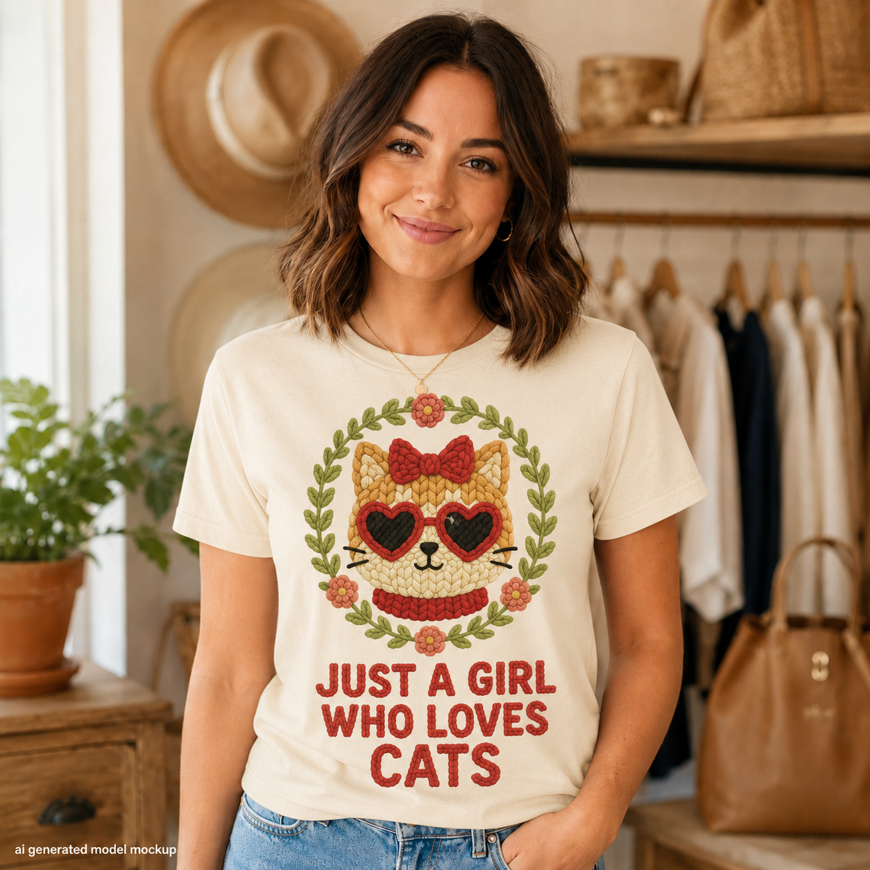 Just a Girl Who Loves Cats Faux Knitted Graphic Tee