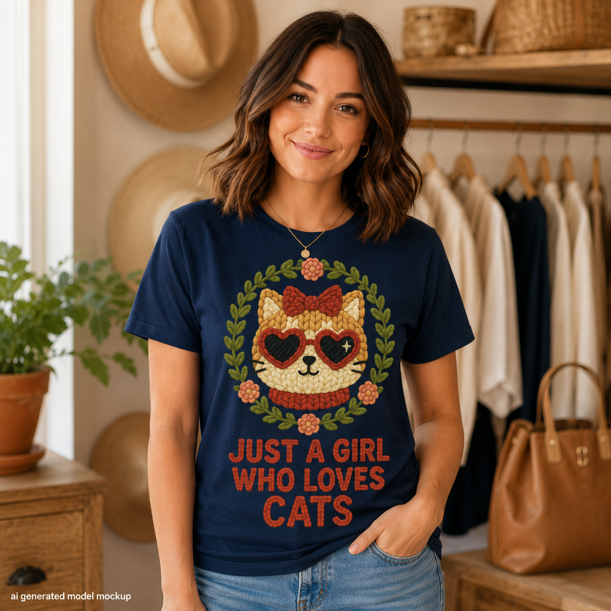 Just a Girl Who Loves Cats Faux Knitted Graphic Tee