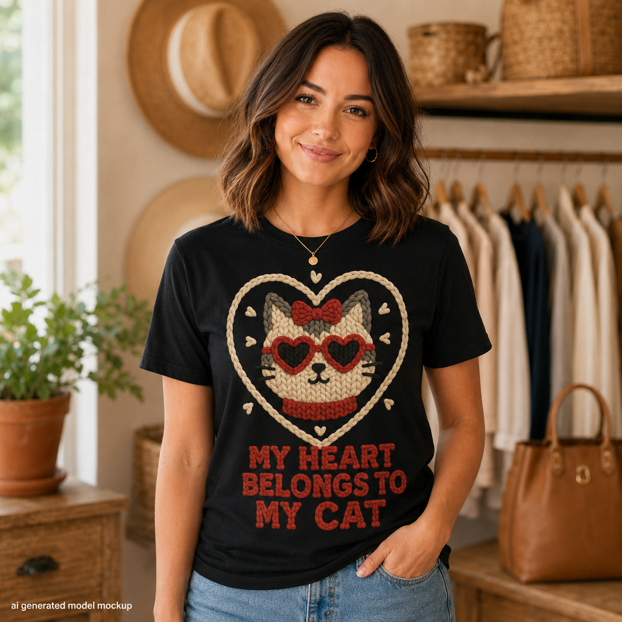 My Heart Belongs to My Cat Faux Knitted Graphic Tee