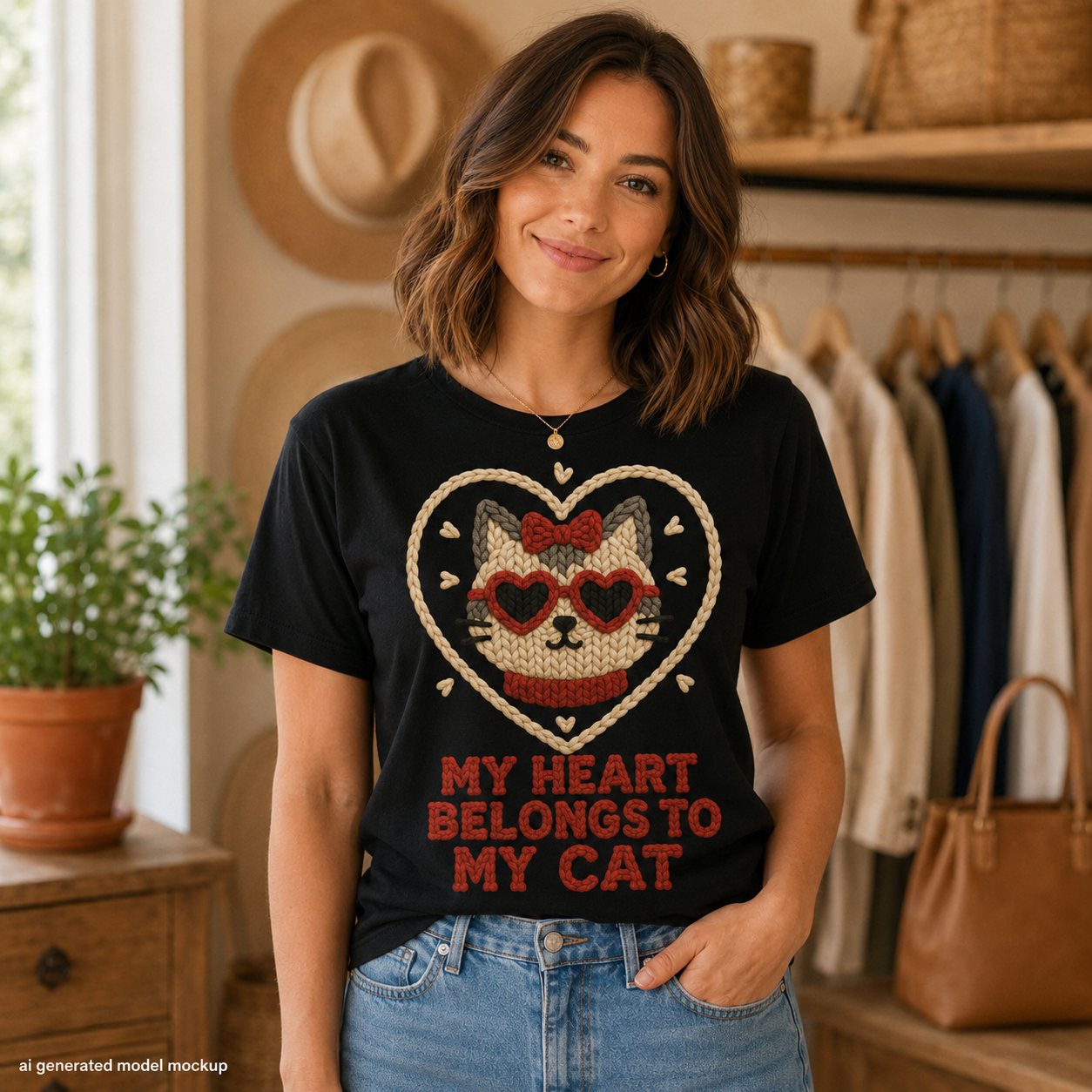 My Heart Belongs to My Cat Faux Knitted Graphic Tee