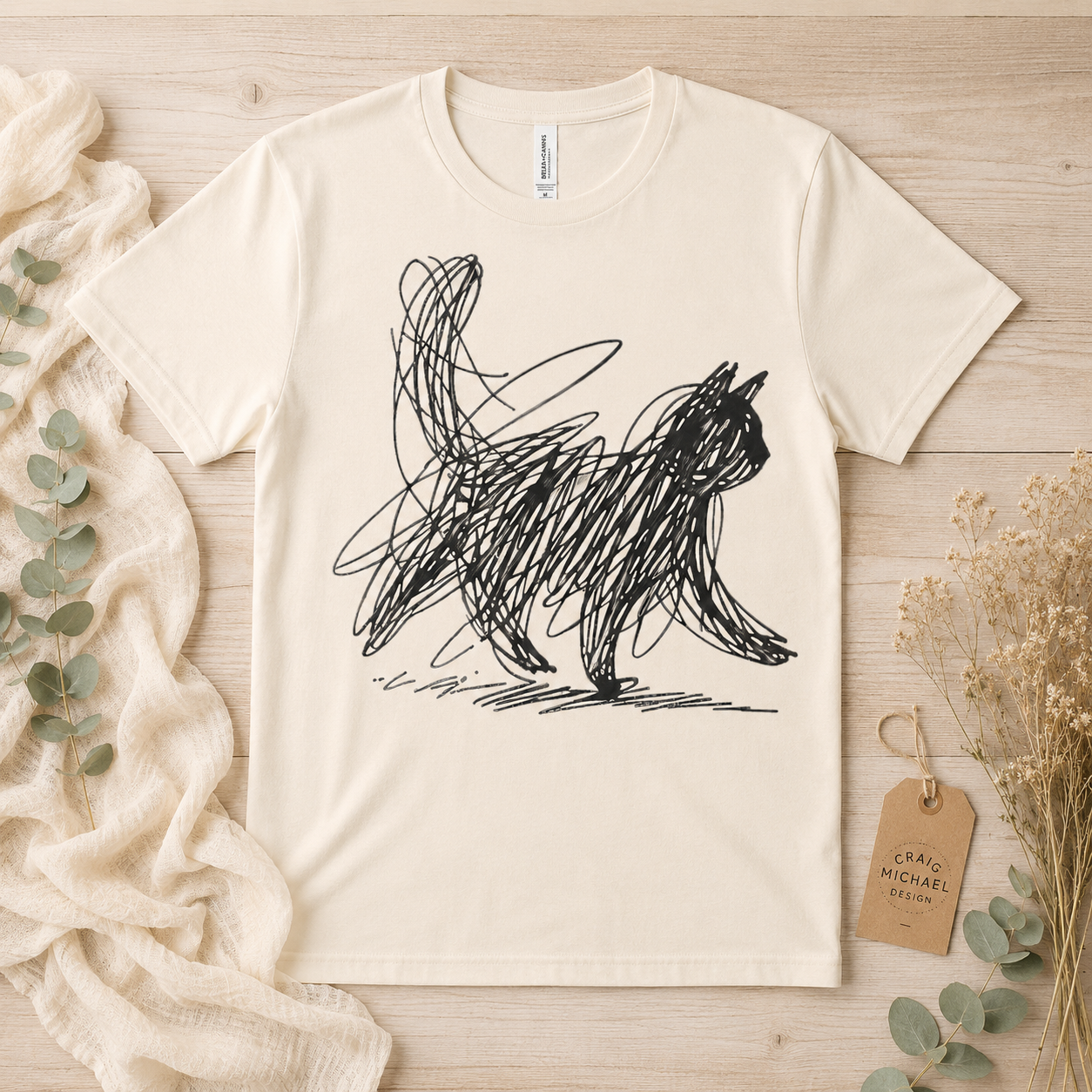 Quirky Cat Scribble Shirt, Minimalist Black Cat T Shirt