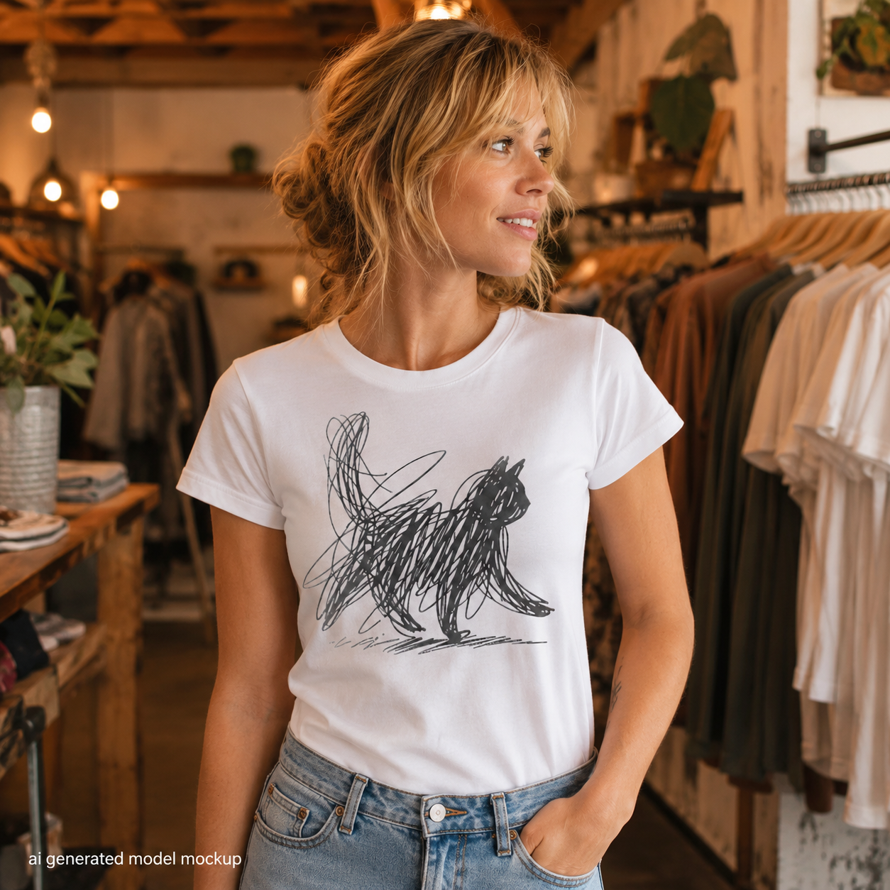 Quirky Cat Scribble Shirt, Minimalist Black Cat T Shirt