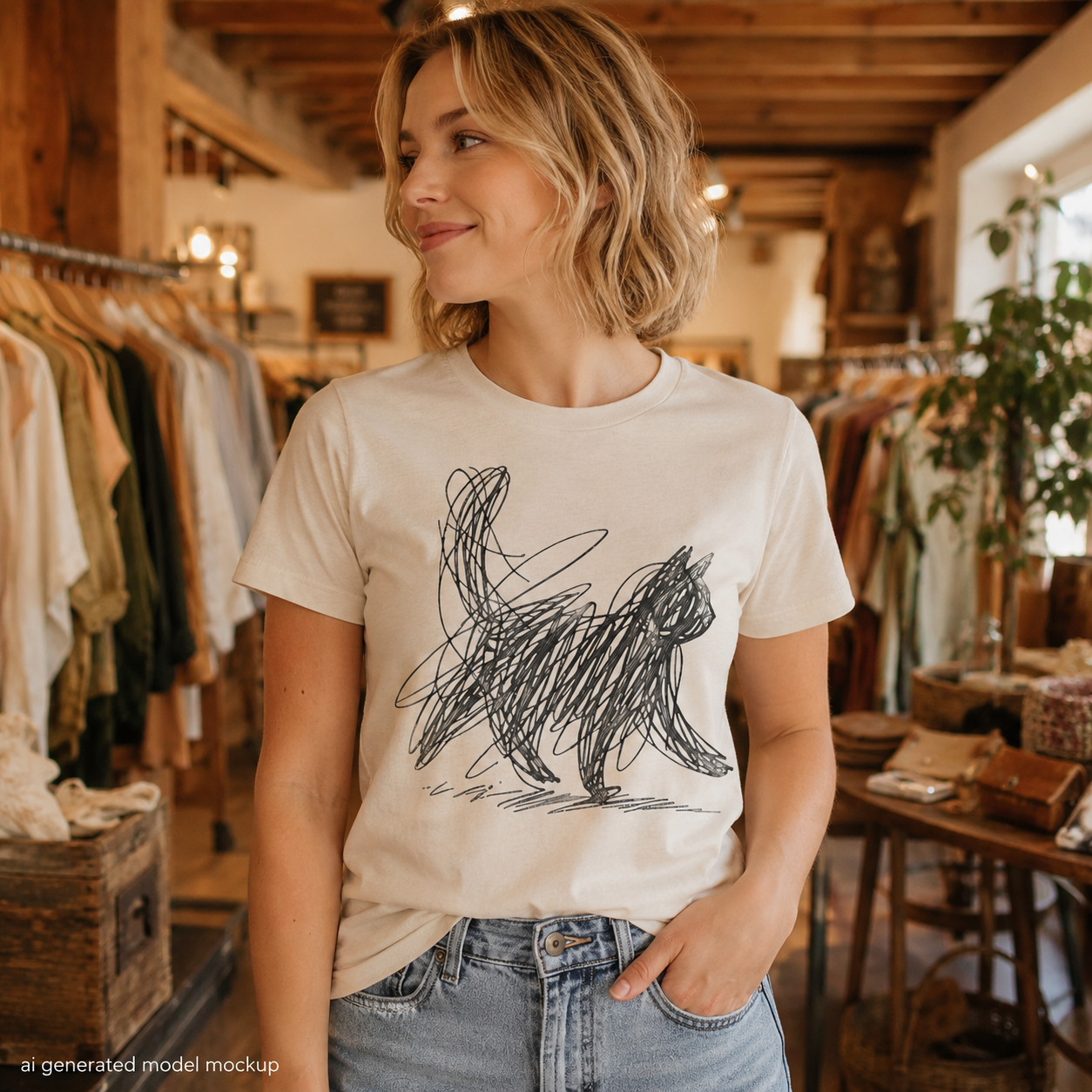 Quirky Cat Scribble Shirt, Minimalist Black Cat T Shirt