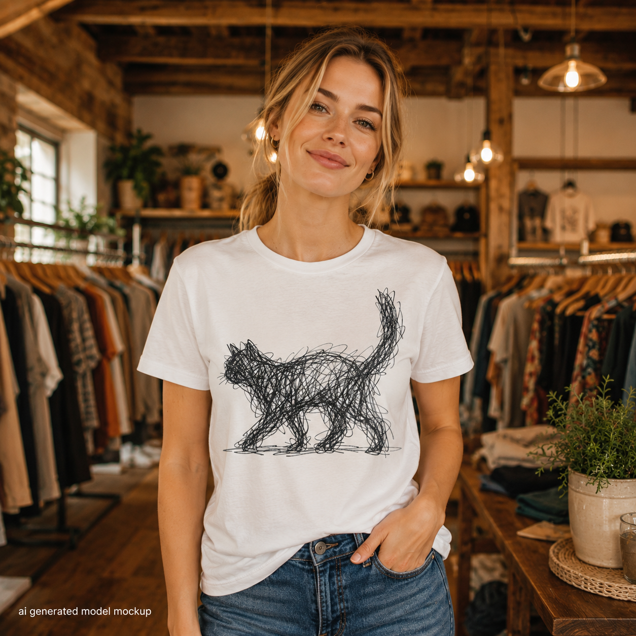 Minimalist Scribble Art Cat T-Shirt