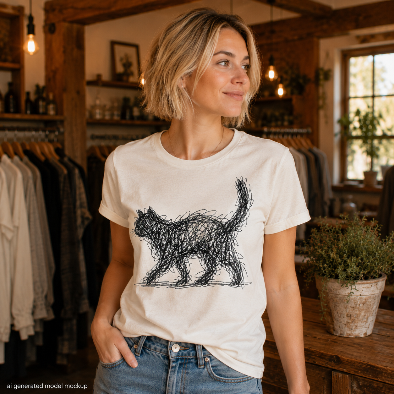Minimalist Scribble Art Cat T-Shirt