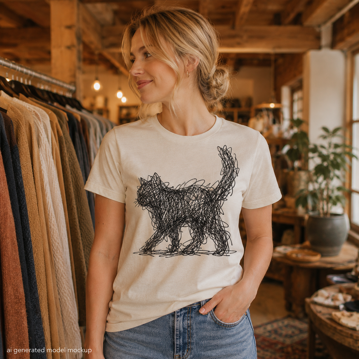 Minimalist Scribble Art Cat T-Shirt