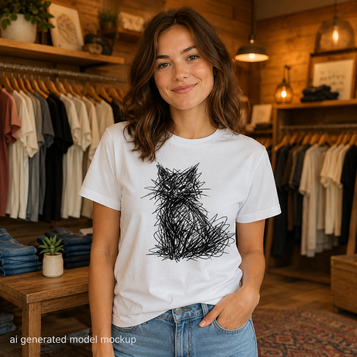 Abstract Cat T-Shirt, Minimalist Scribble Art Shirt