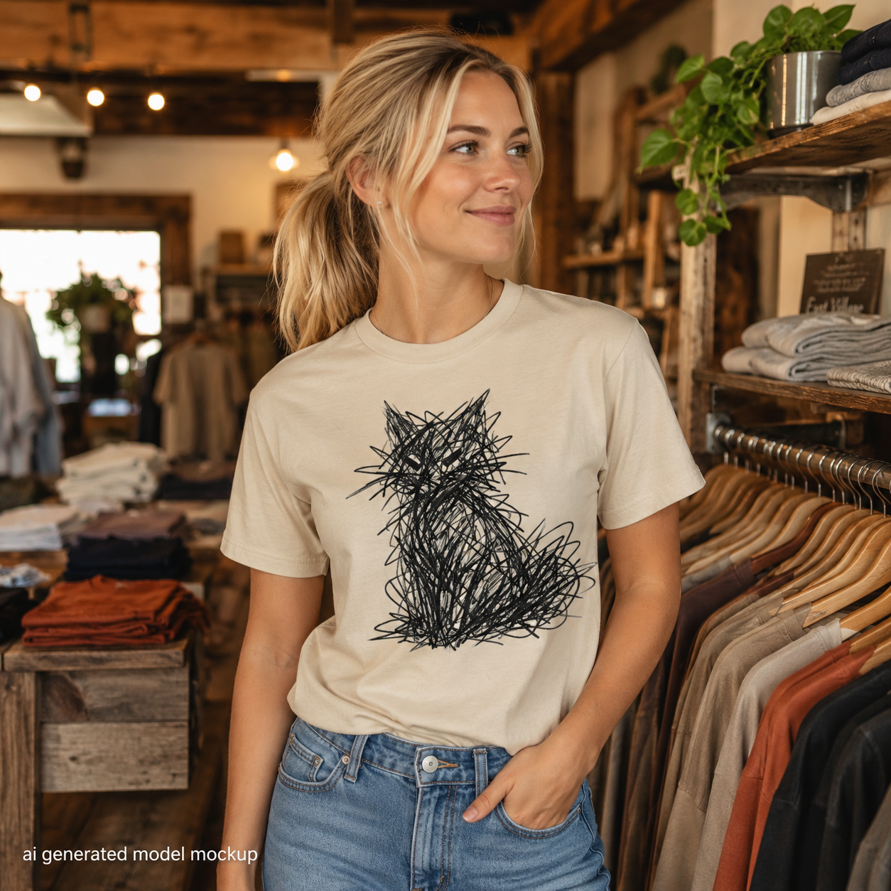 Abstract Cat T-Shirt, Minimalist Scribble Art Shirt