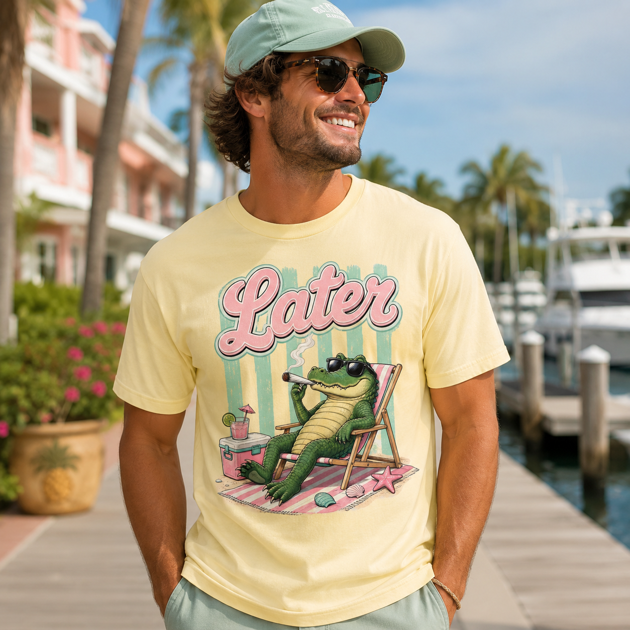 Yellow t-shirt with alligator smoking and relaxing on a beach chair.
